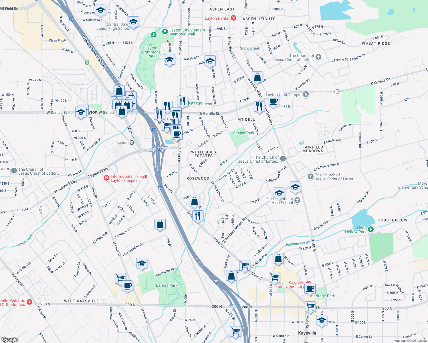 map of restaurants, bars, coffee shops, grocery stores, and more near 767 Rosewood Lane in Layton