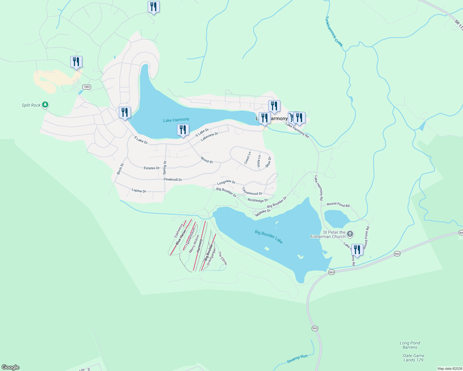 map of restaurants, bars, coffee shops, grocery stores, and more near 21 Rockspring Court in Lake Harmony