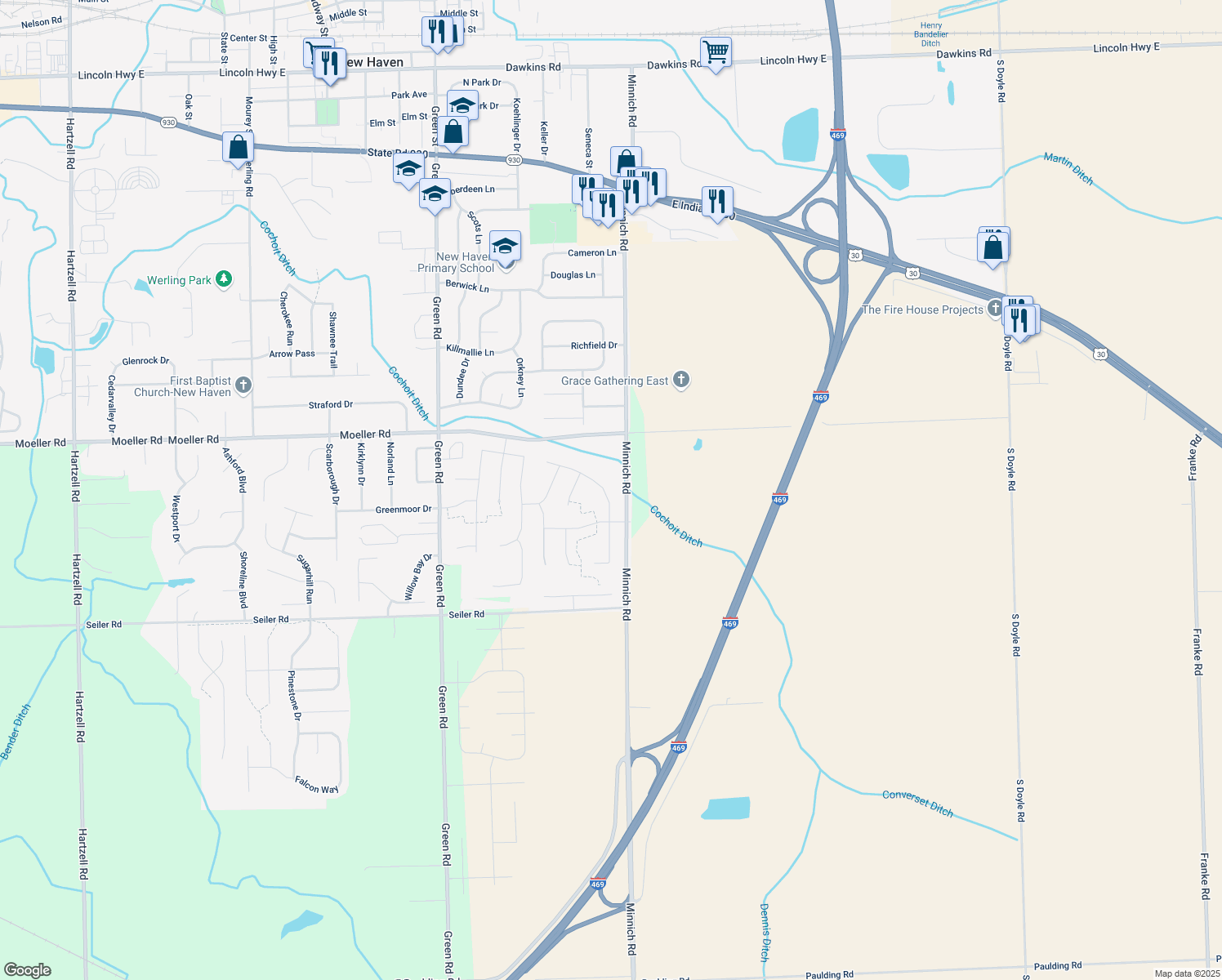 map of restaurants, bars, coffee shops, grocery stores, and more near 3757 Cobblestone Cove in New Haven