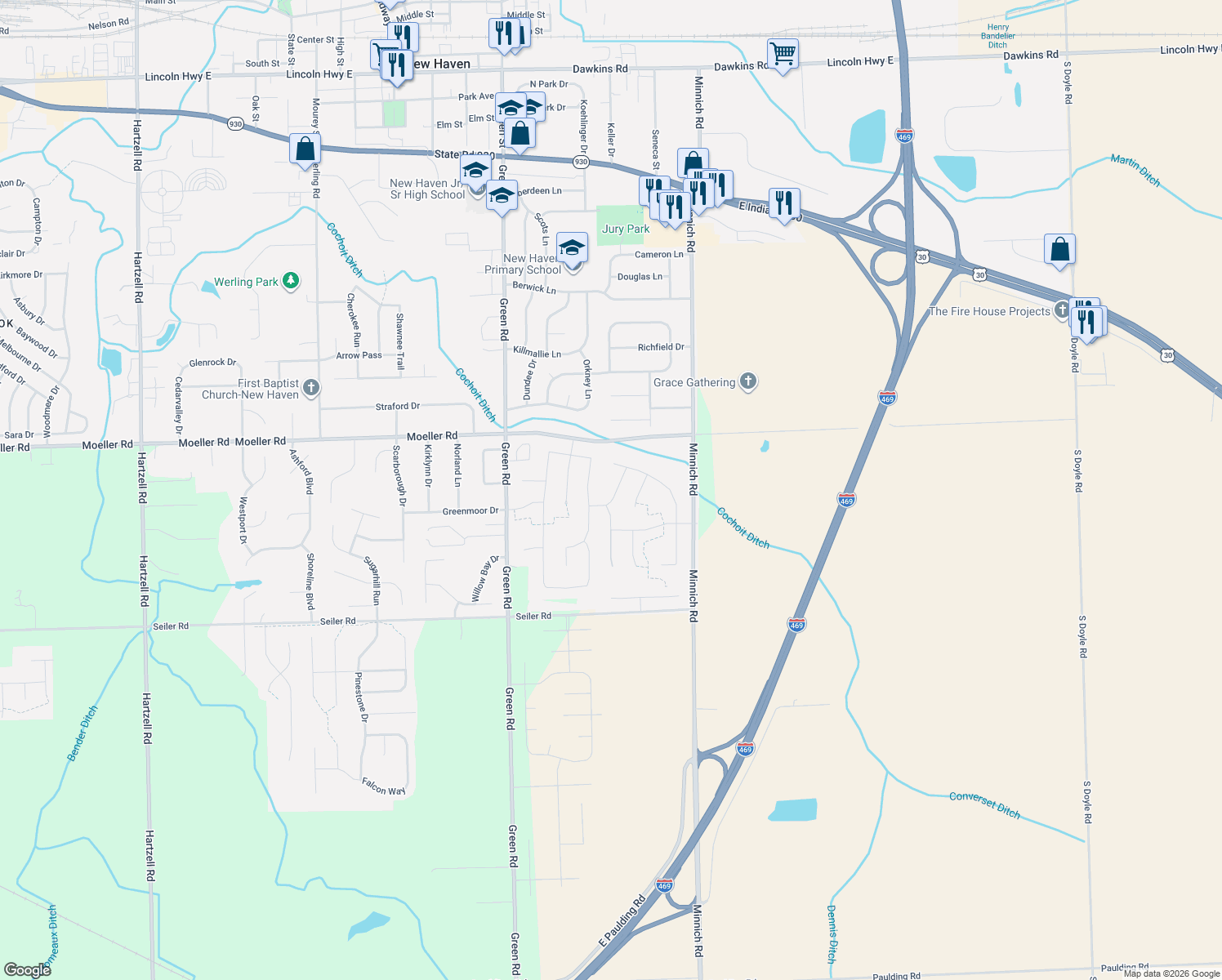 map of restaurants, bars, coffee shops, grocery stores, and more near 3720 Fieldstone Chase in New Haven