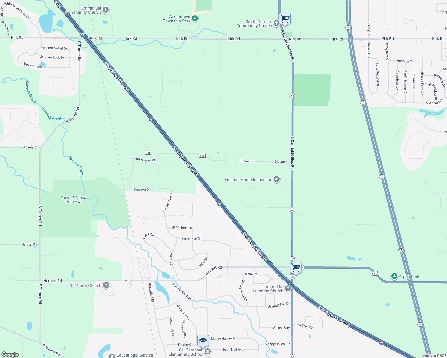 map of restaurants, bars, coffee shops, grocery stores, and more near 6343 Gibson Rd in Canfield