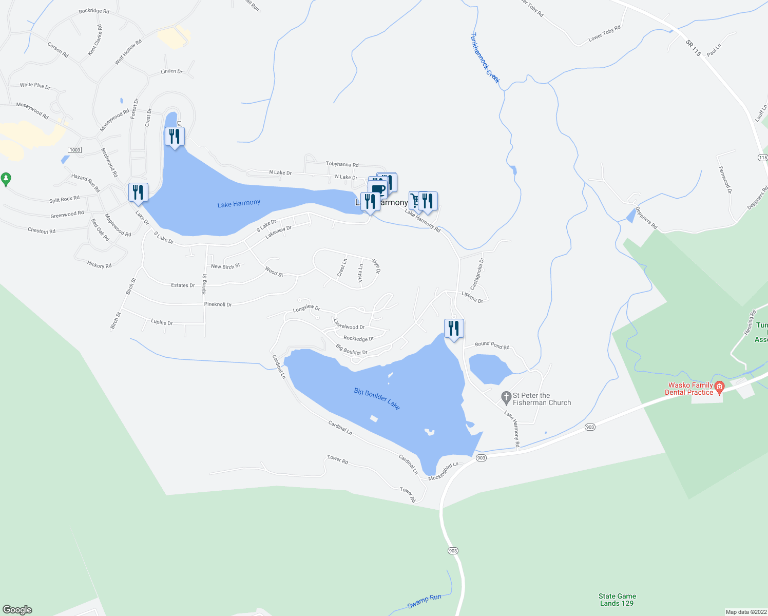 map of restaurants, bars, coffee shops, grocery stores, and more near 480 Summit Wind Drive in Lake Harmony