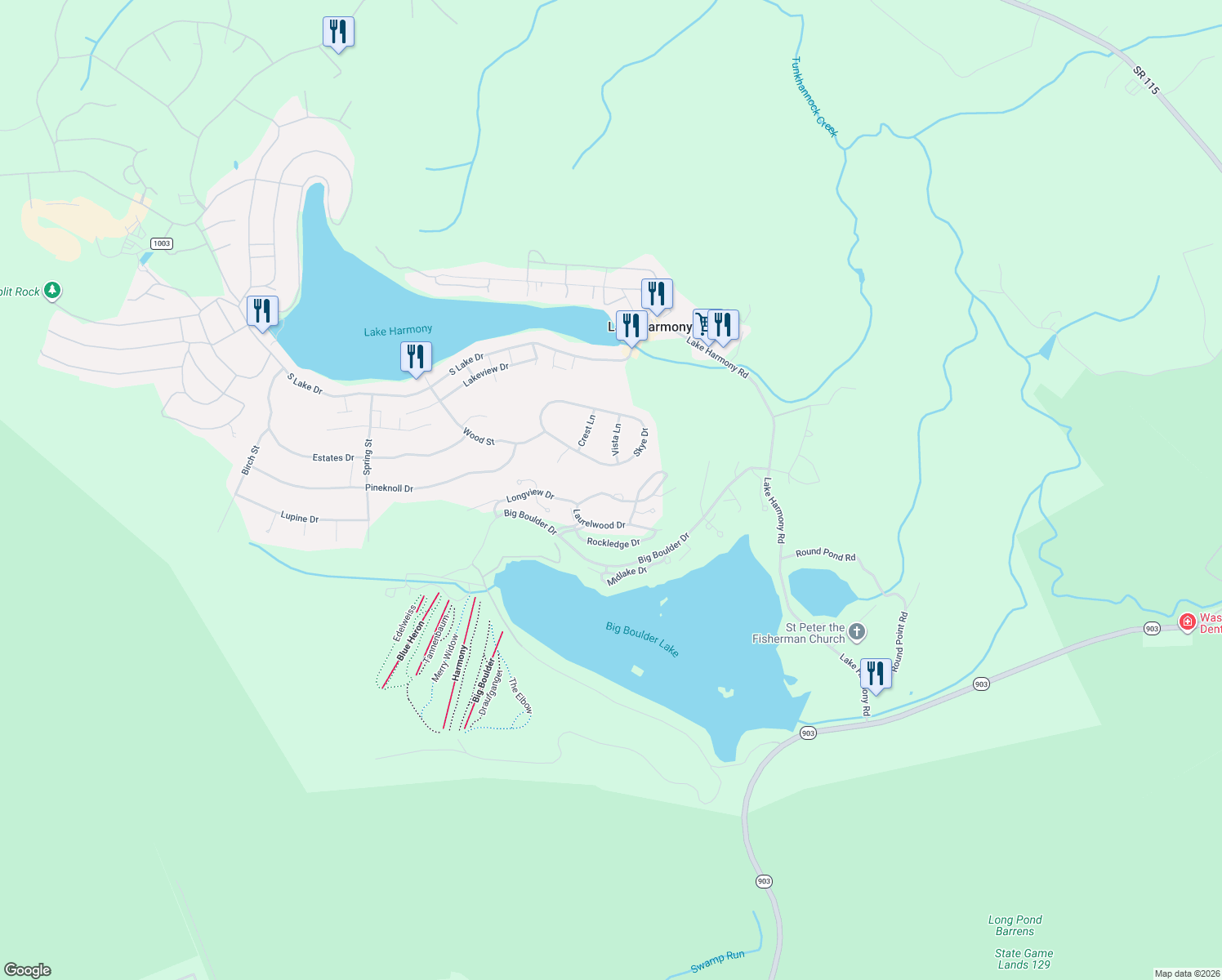 map of restaurants, bars, coffee shops, grocery stores, and more near 478 Wild Briar Court in Lake Harmony
