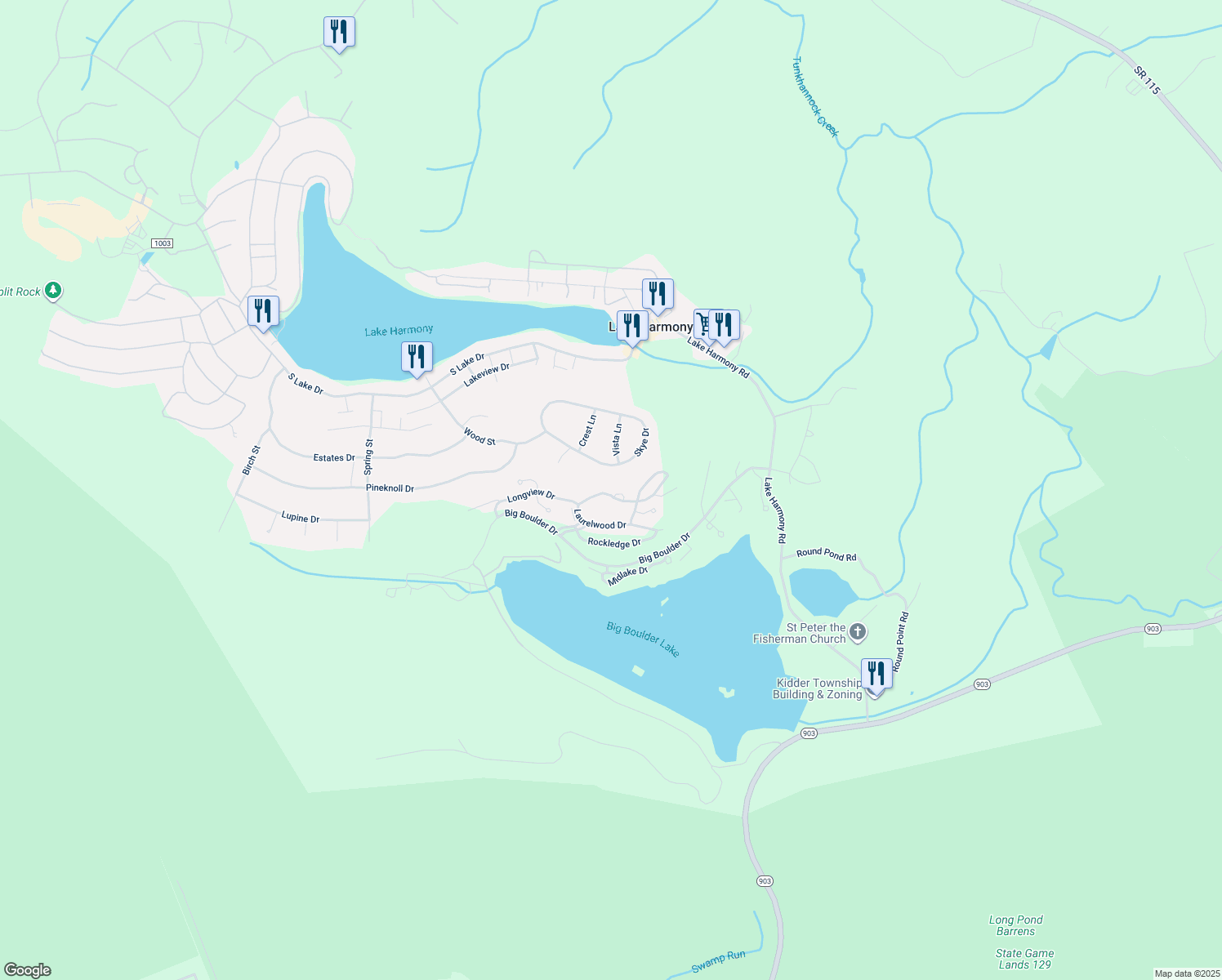 map of restaurants, bars, coffee shops, grocery stores, and more near 7 Wildbriar Court in Lake Harmony