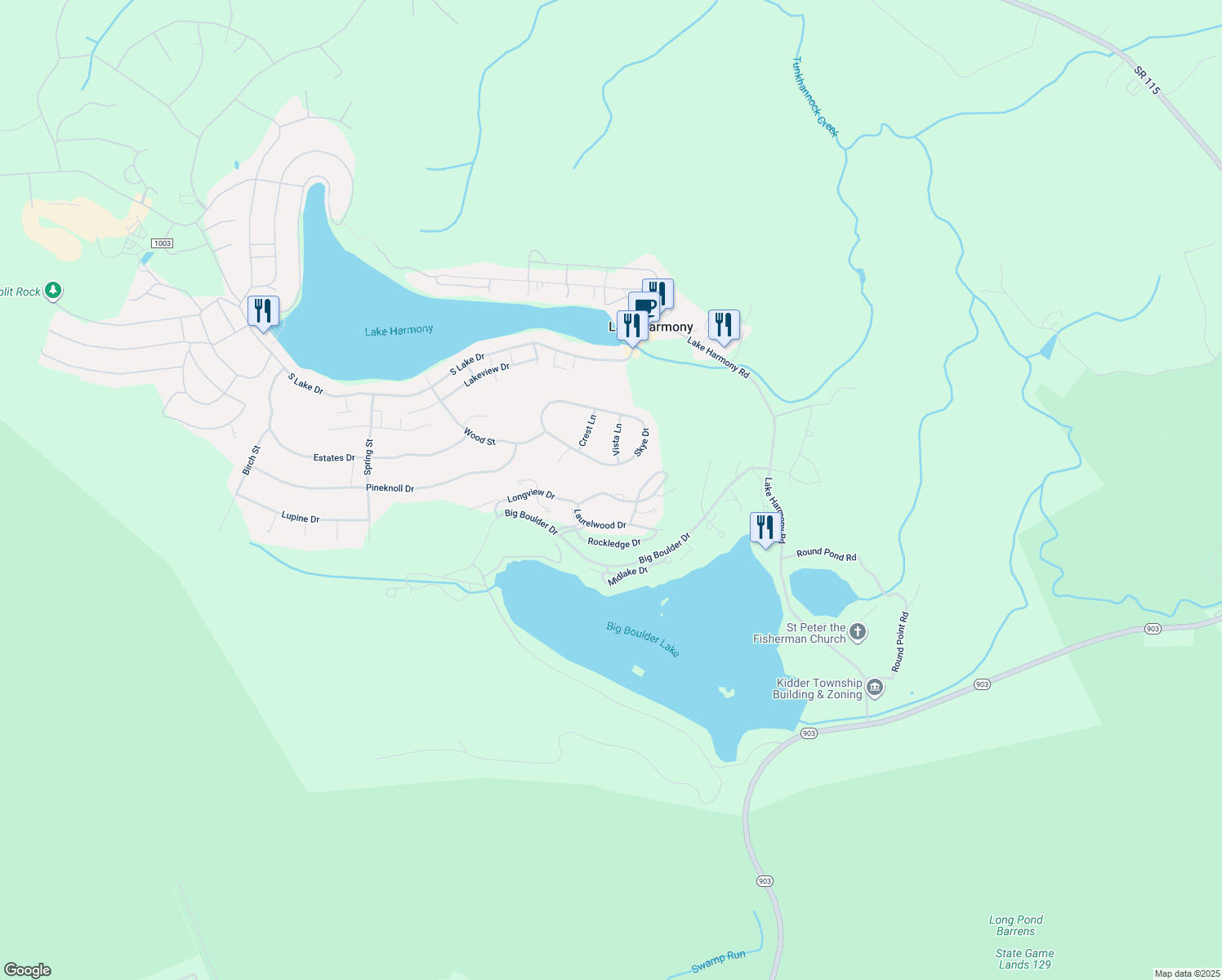 map of restaurants, bars, coffee shops, grocery stores, and more near 7 Wildbriar Court in Lake Harmony
