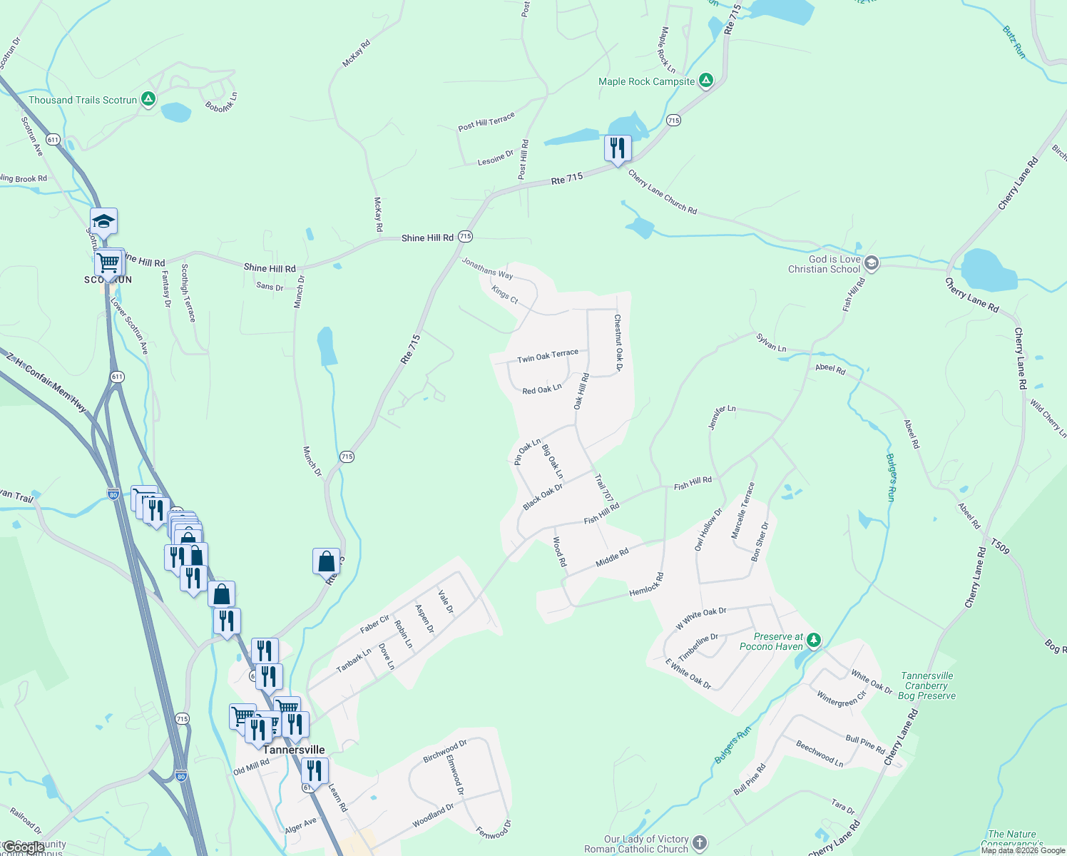 map of restaurants, bars, coffee shops, grocery stores, and more near 607 Pin Oak Ln in Tannersville