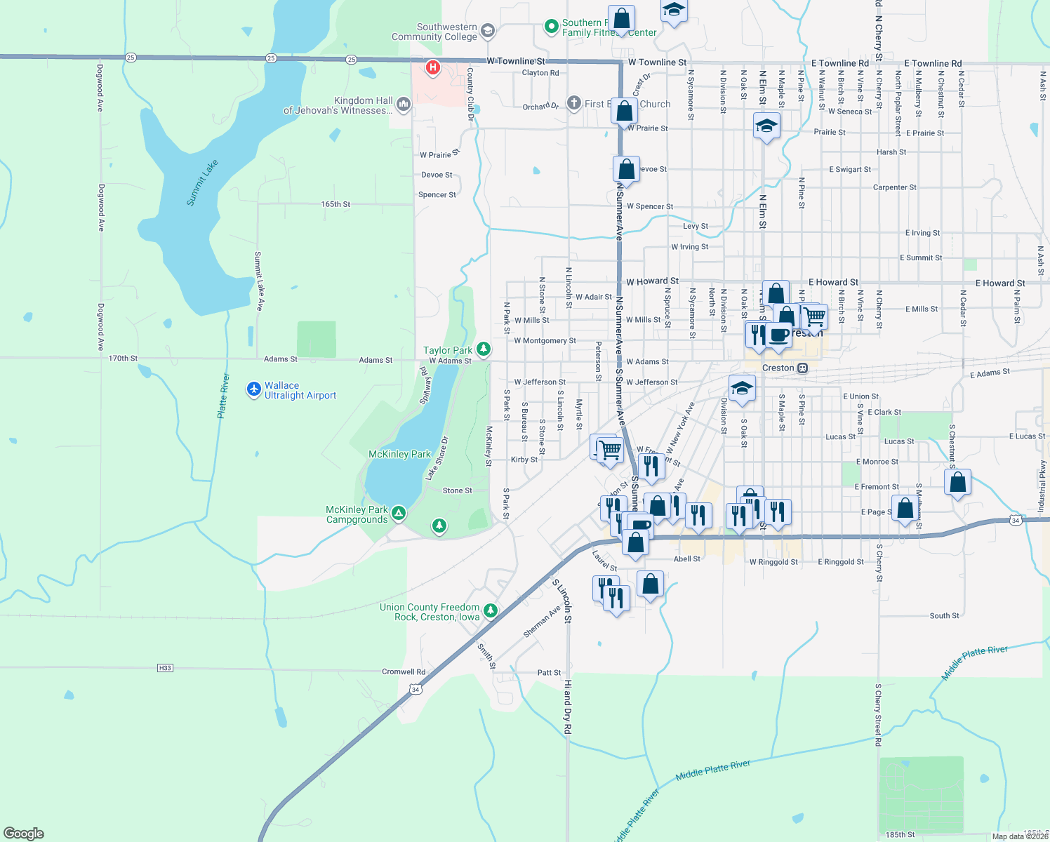map of restaurants, bars, coffee shops, grocery stores, and more near 399 S Bureau St in Creston
