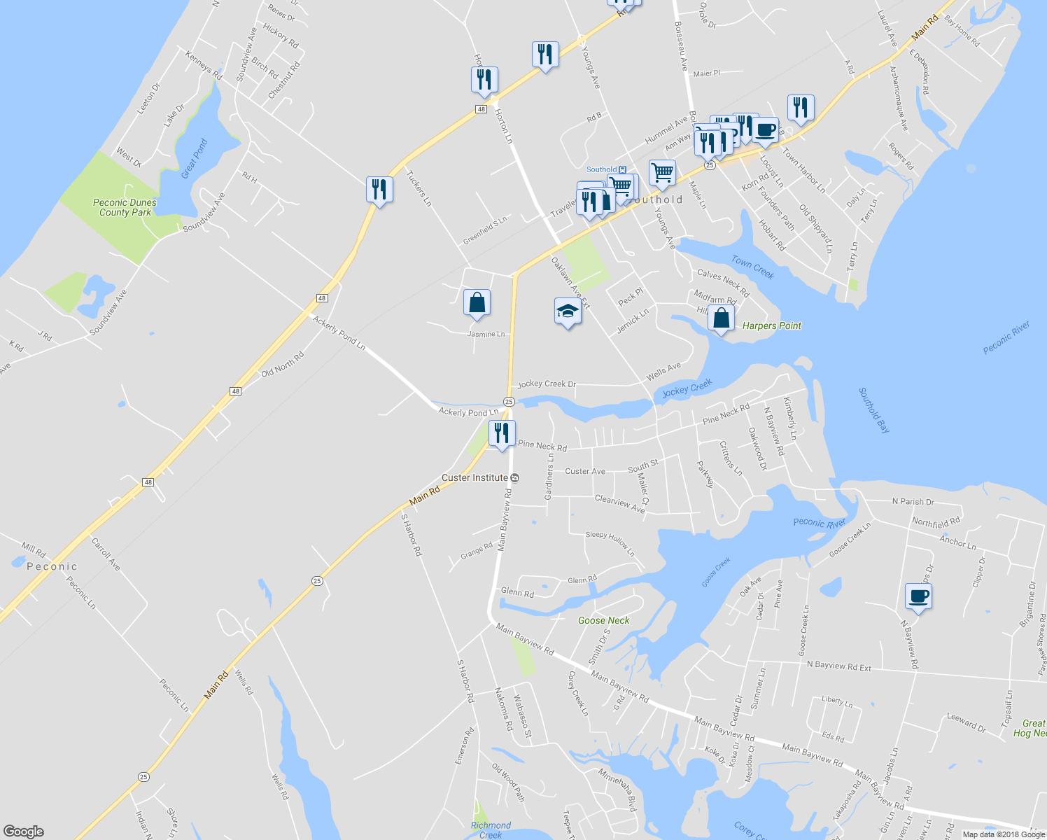 map of restaurants, bars, coffee shops, grocery stores, and more near 49900 New York State Route 25 in Southold
