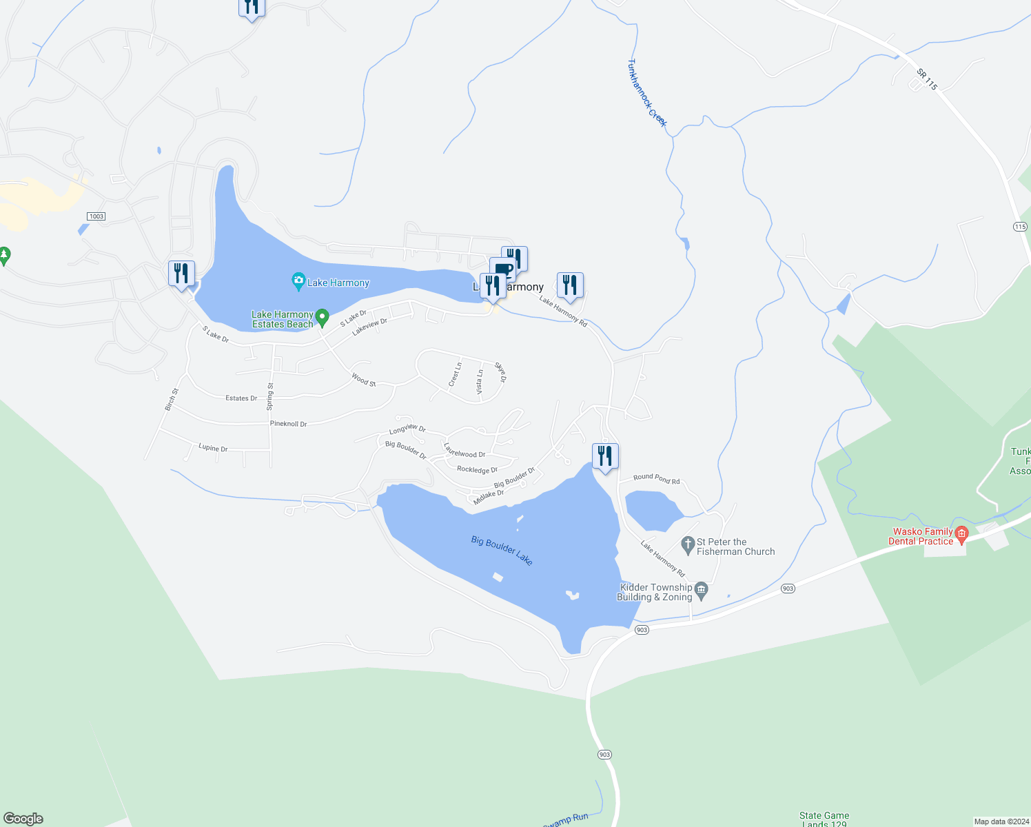 map of restaurants, bars, coffee shops, grocery stores, and more near 38 Summit Wind Drive in Lake Harmony