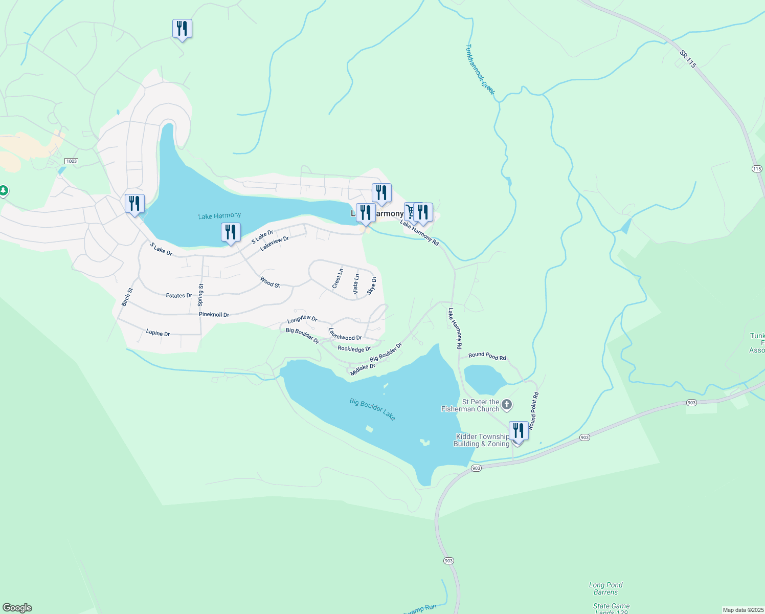 map of restaurants, bars, coffee shops, grocery stores, and more near 38 Summit Wind Drive in Lake Harmony