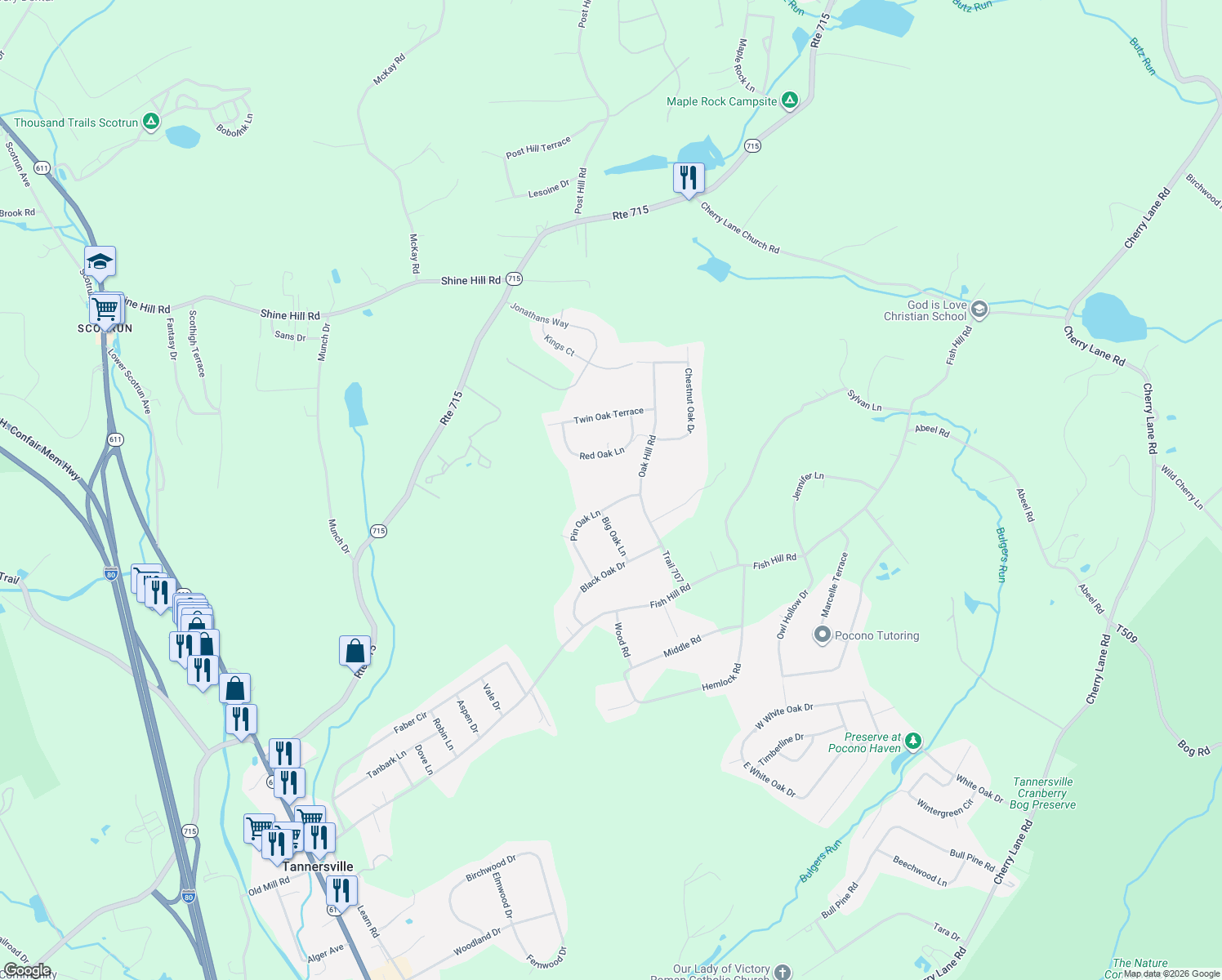 map of restaurants, bars, coffee shops, grocery stores, and more near 607 Pin Oak Ln in Tannersville