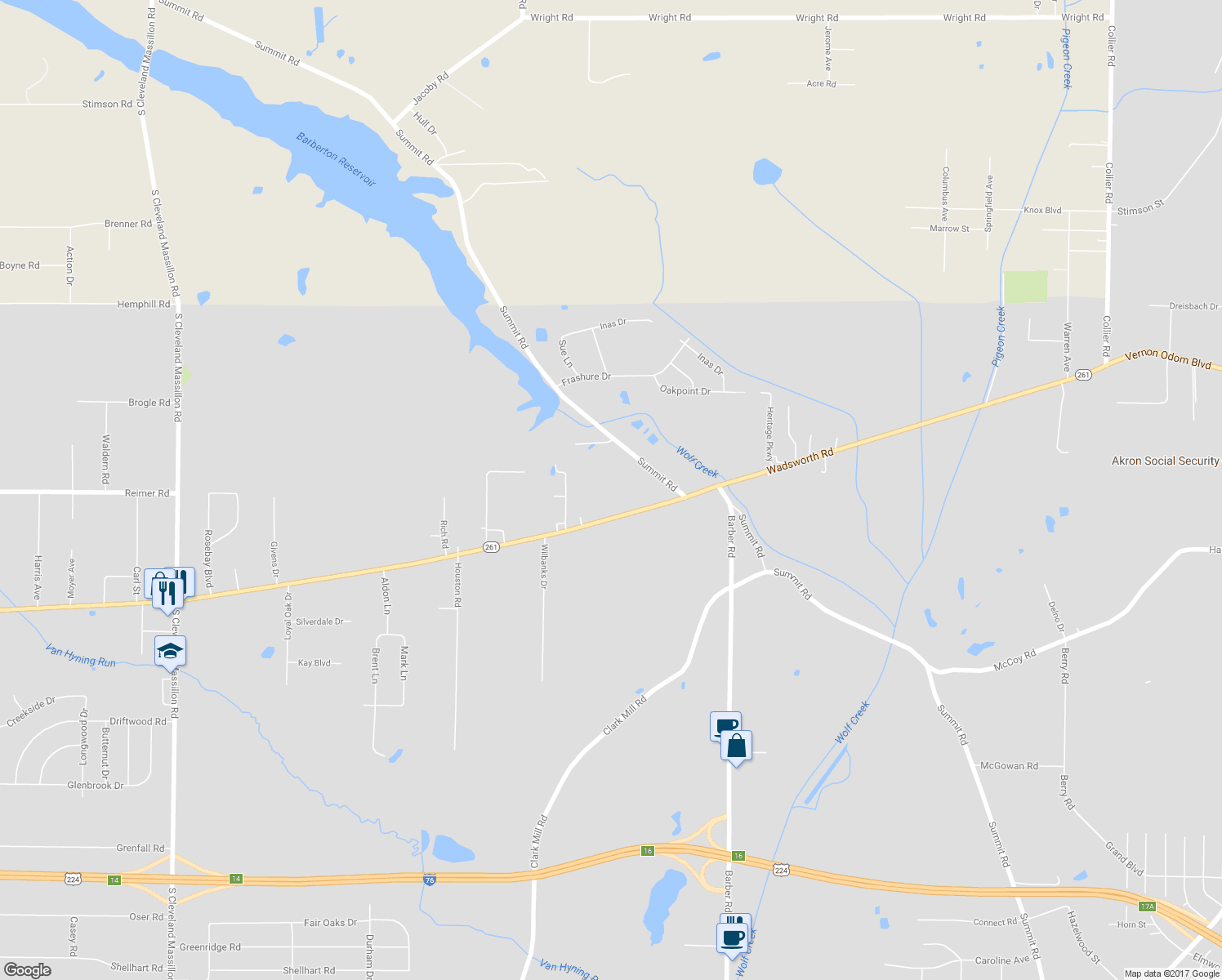 map of restaurants, bars, coffee shops, grocery stores, and more near 2405 Wadsworth Road in Norton