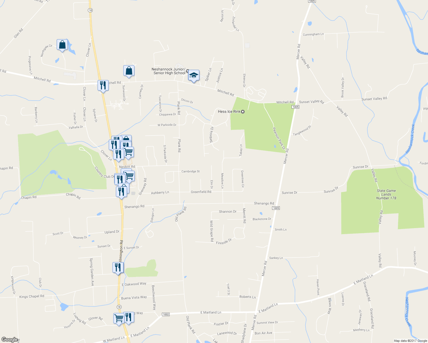 map of restaurants, bars, coffee shops, grocery stores, and more near 3224 Elm Drive in New Castle
