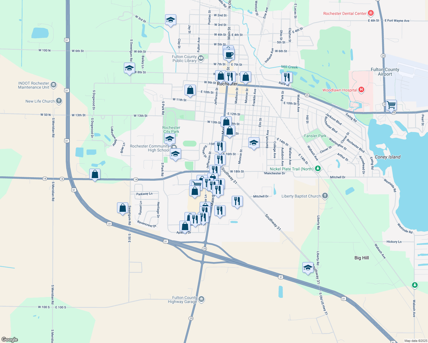 map of restaurants, bars, coffee shops, grocery stores, and more near 147-243 West 18th Street in Rochester