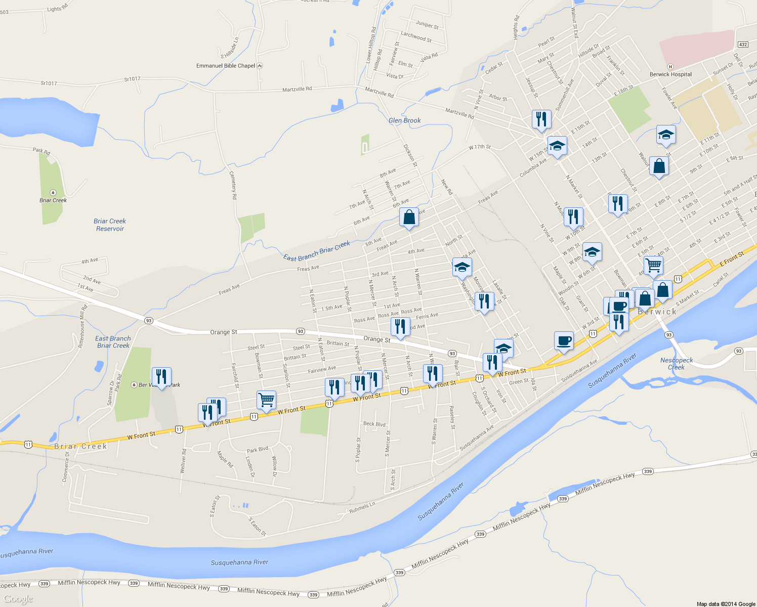 map of restaurants, bars, coffee shops, grocery stores, and more near 1330 1st Ave in Berwick