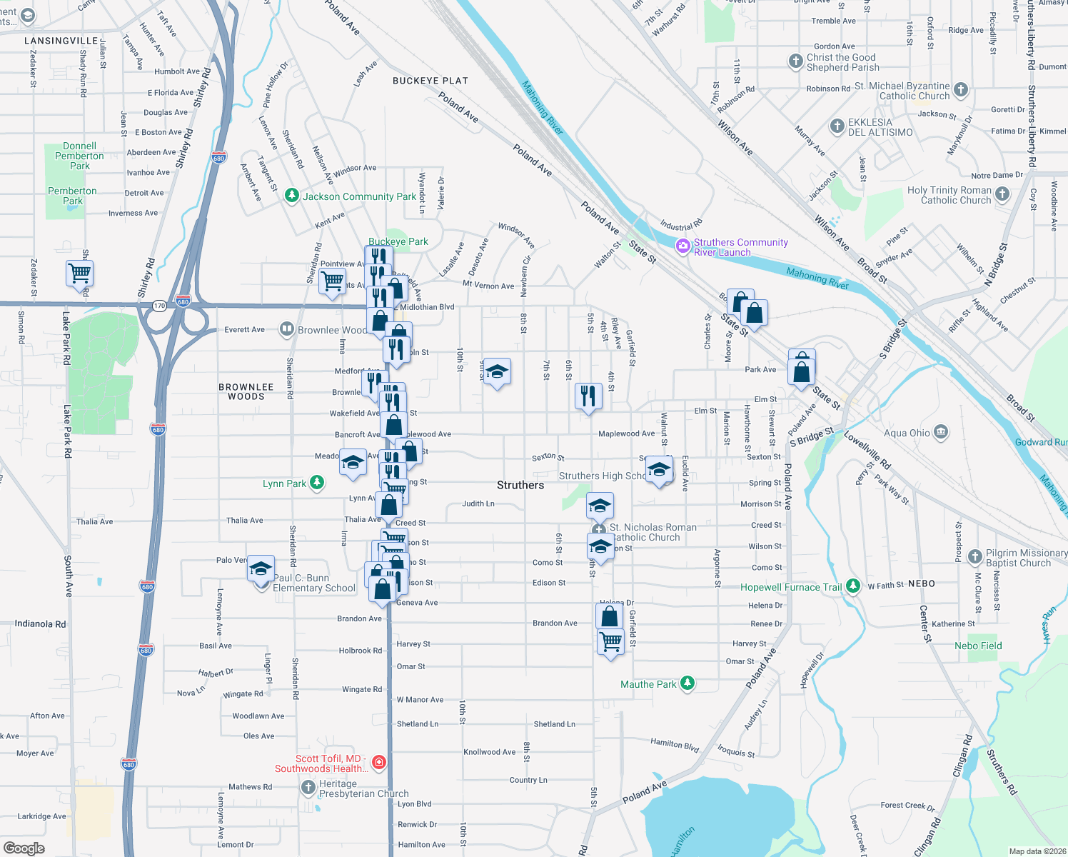 map of restaurants, bars, coffee shops, grocery stores, and more near 419 Maplewood Avenue in Struthers