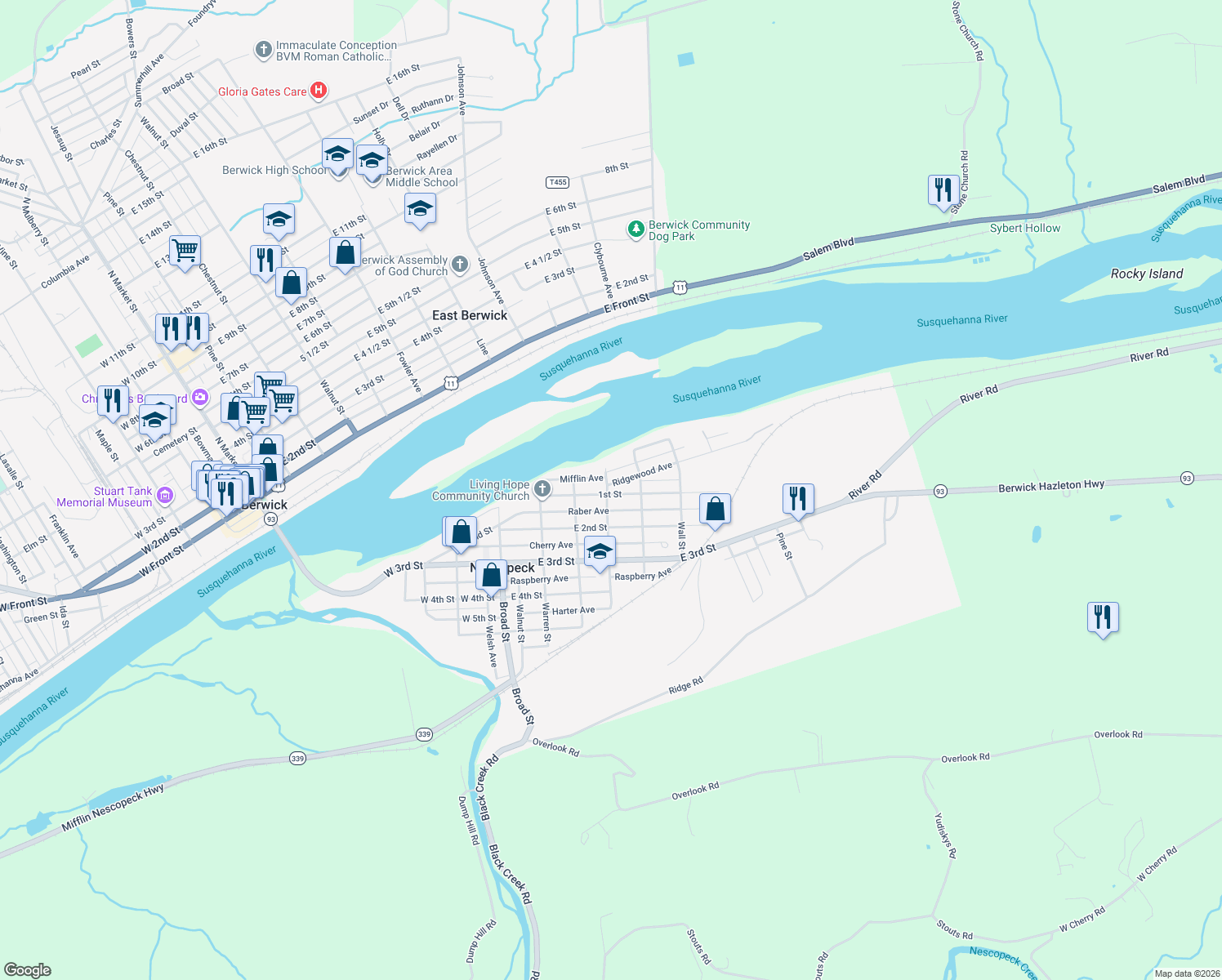 map of restaurants, bars, coffee shops, grocery stores, and more near 835 1st St in Nescopeck
