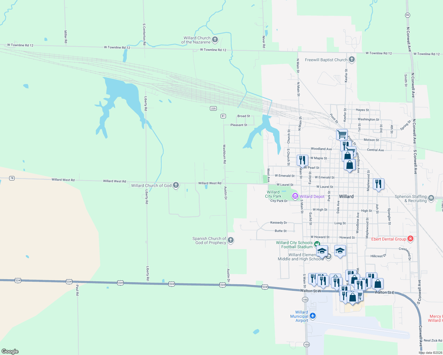 map of restaurants, bars, coffee shops, grocery stores, and more near 3179 Washburn Road in Willard
