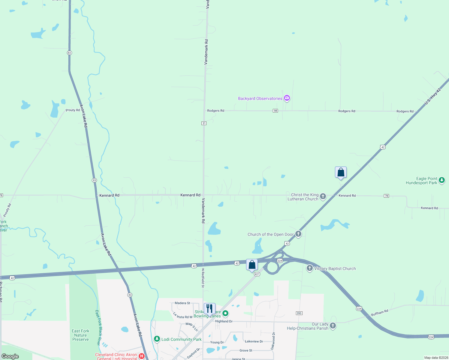 map of restaurants, bars, coffee shops, grocery stores, and more near 8663 Kennard Road in Lodi