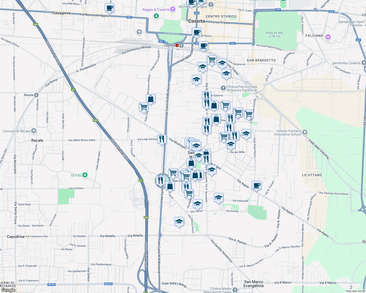 map of restaurants, bars, coffee shops, grocery stores, and more near 52 Corso Alcide De Gasperi in San Nicola la Strada