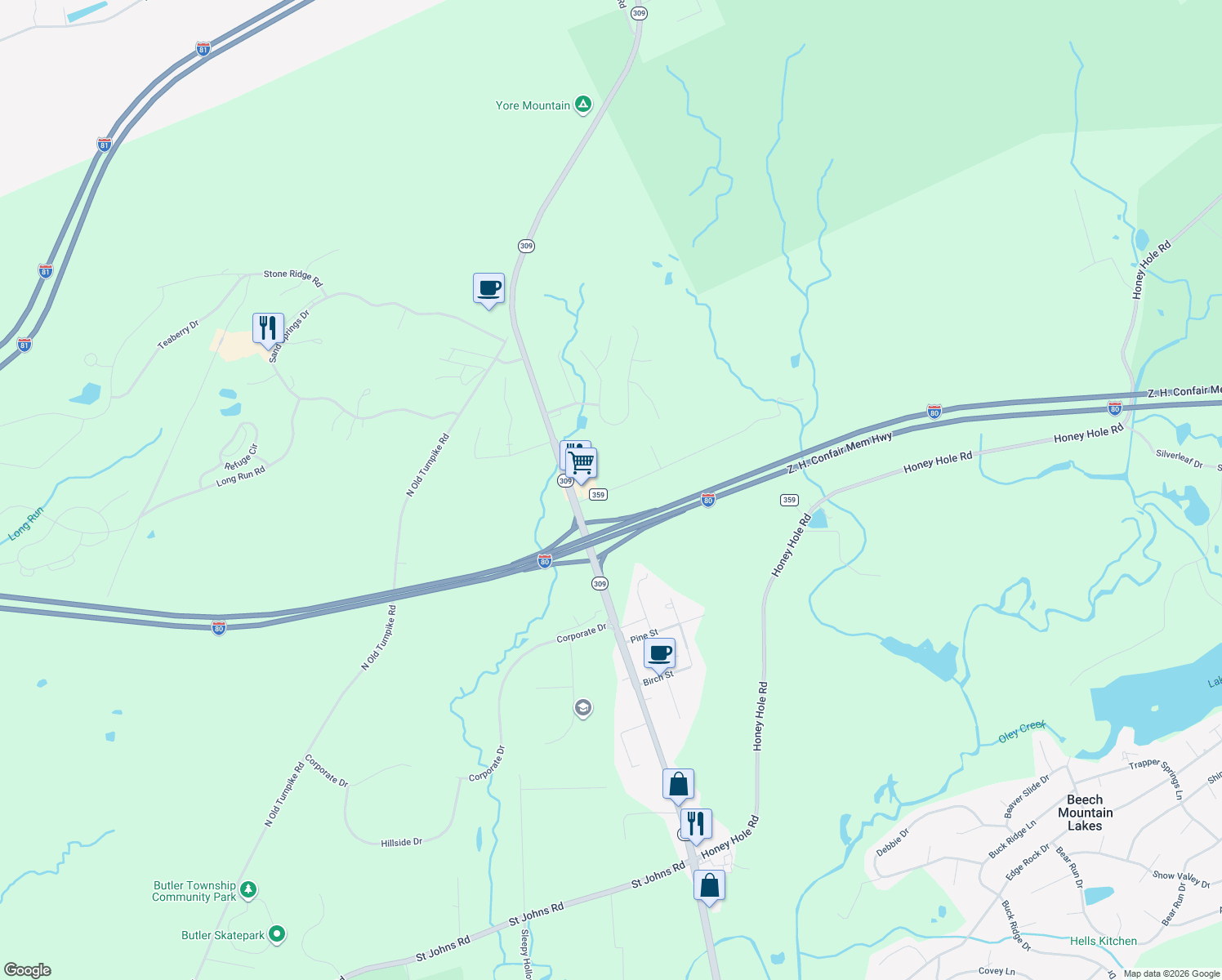 map of restaurants, bars, coffee shops, grocery stores, and more near 76 Maces Road in Drums