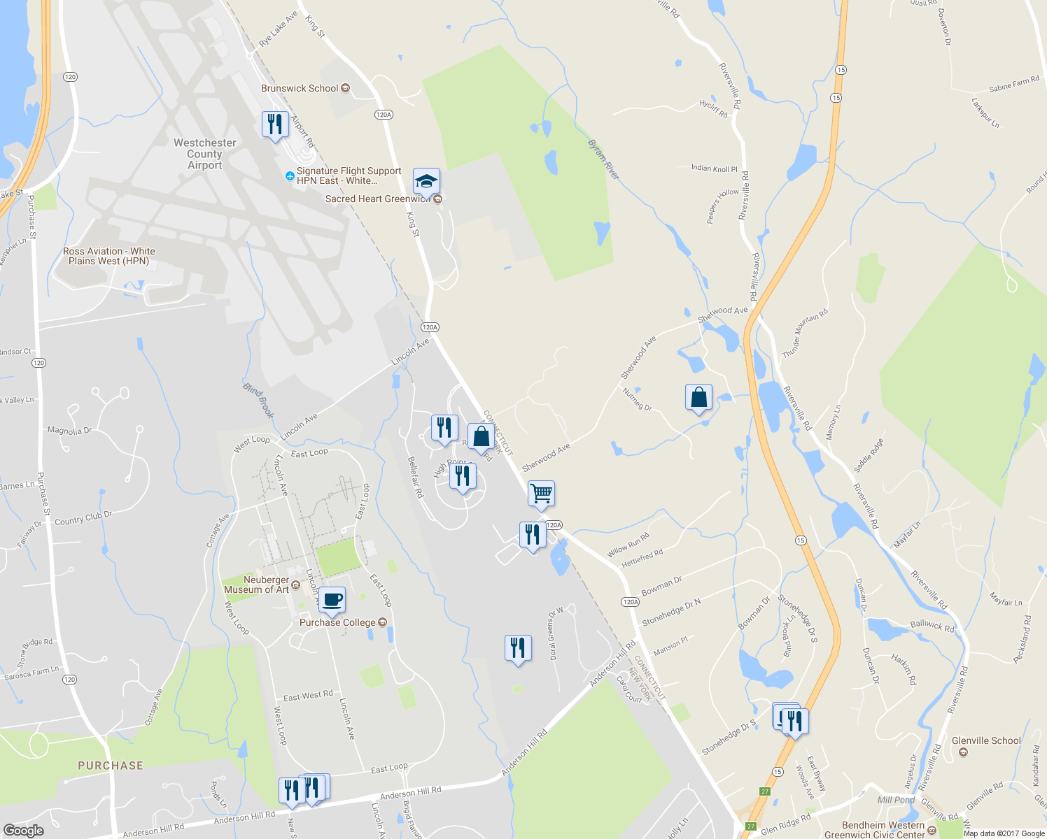map of restaurants, bars, coffee shops, grocery stores, and more near 24 Sherwood Avenue in Greenwich