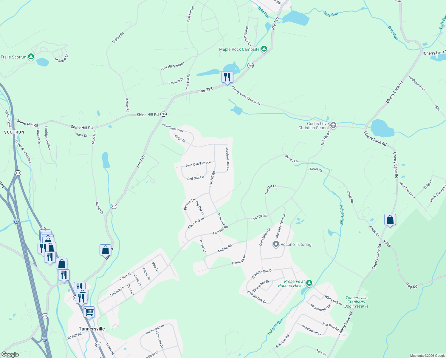 map of restaurants, bars, coffee shops, grocery stores, and more near 1112 Chestnut Oak Dr in Tannersville