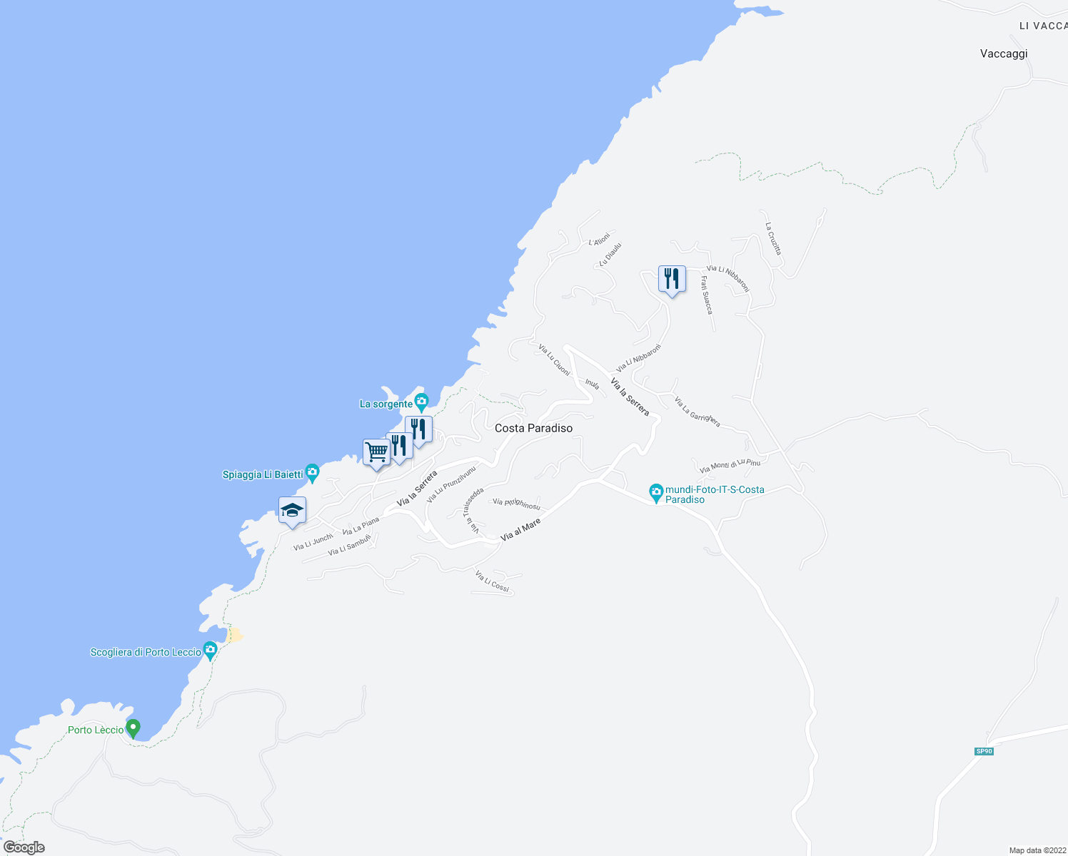 map of restaurants, bars, coffee shops, grocery stores, and more near in Costa Paradiso