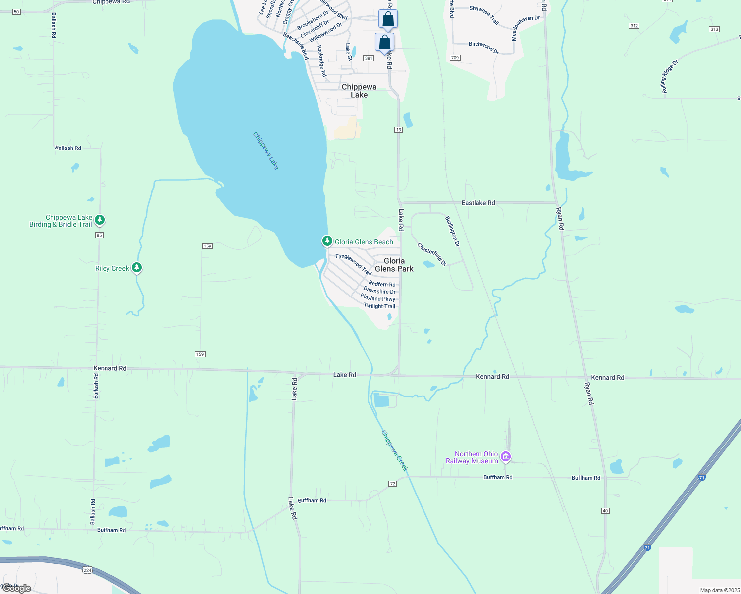 map of restaurants, bars, coffee shops, grocery stores, and more near 454 Playland Parkway in Chippewa Lake