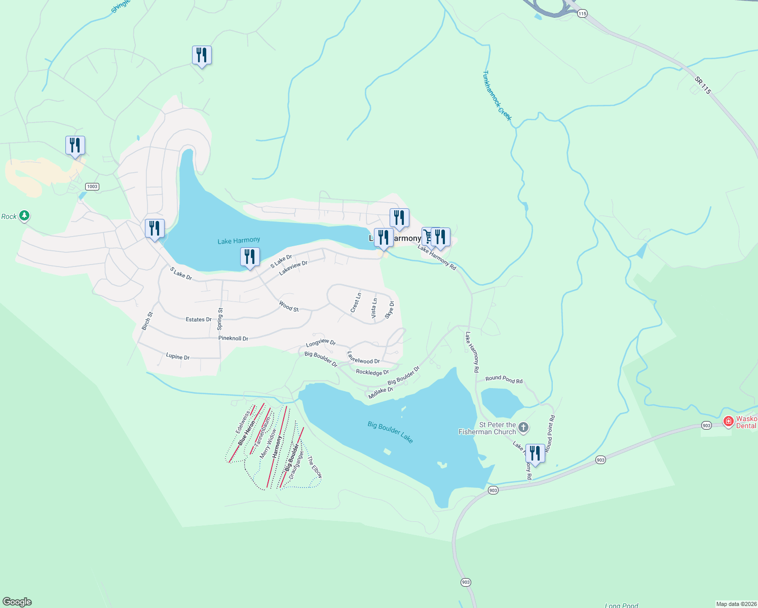 map of restaurants, bars, coffee shops, grocery stores, and more near 809 Vista Lane in Lake Harmony