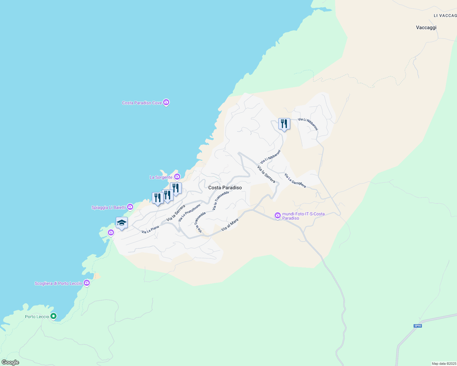 map of restaurants, bars, coffee shops, grocery stores, and more near Unnamed Road in Costa Paradiso
