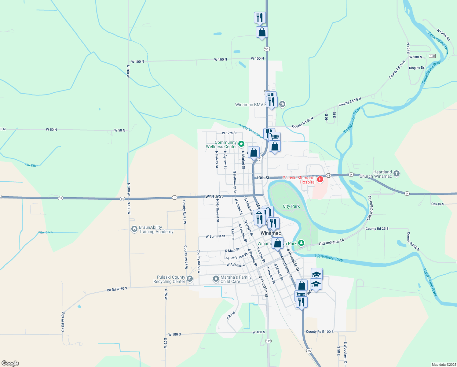 map of restaurants, bars, coffee shops, grocery stores, and more near 224 W 12th St in Winamac