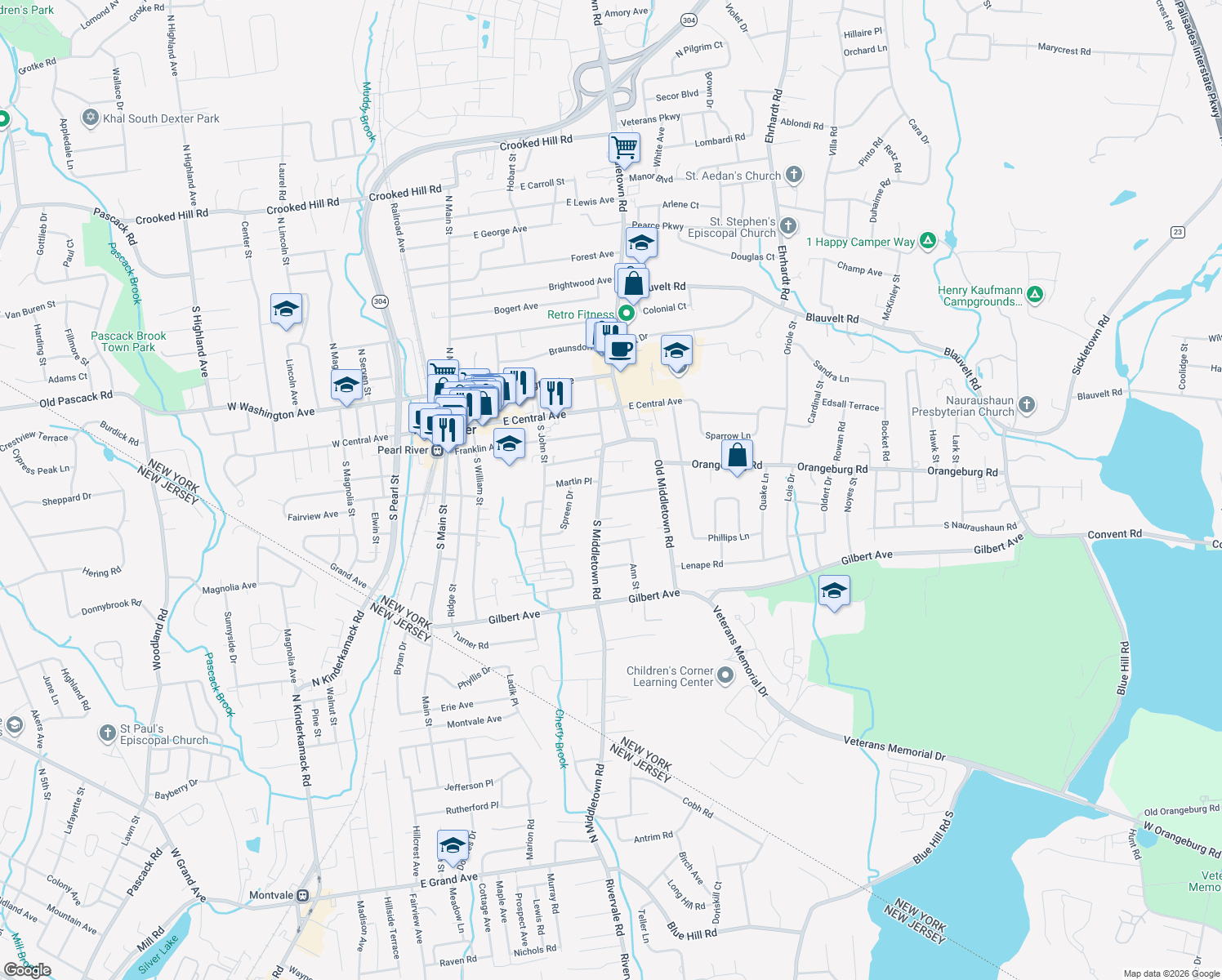 map of restaurants, bars, coffee shops, grocery stores, and more near 187 Rockland Road in Pearl River