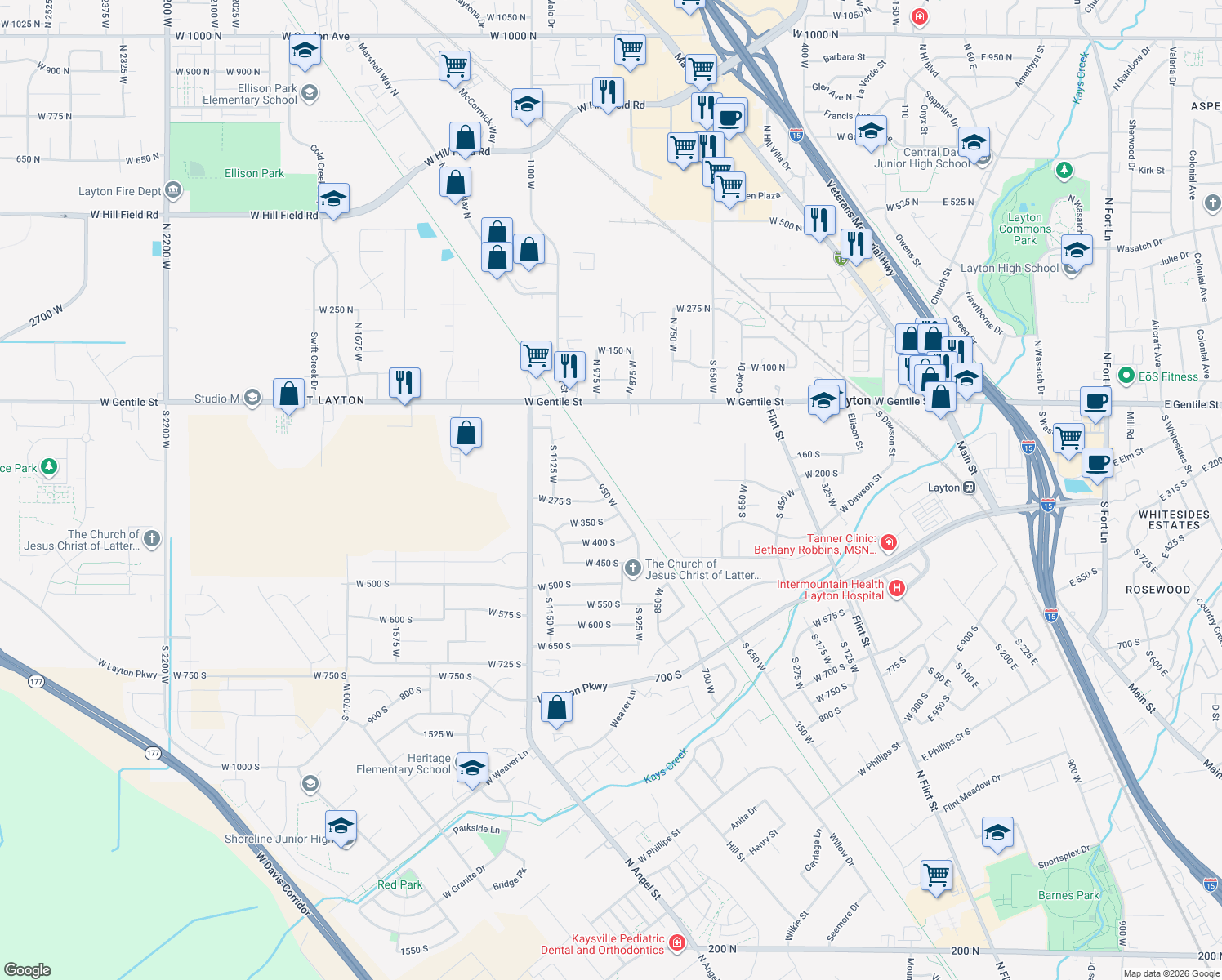 map of restaurants, bars, coffee shops, grocery stores, and more near 257 S 950 W in Layton