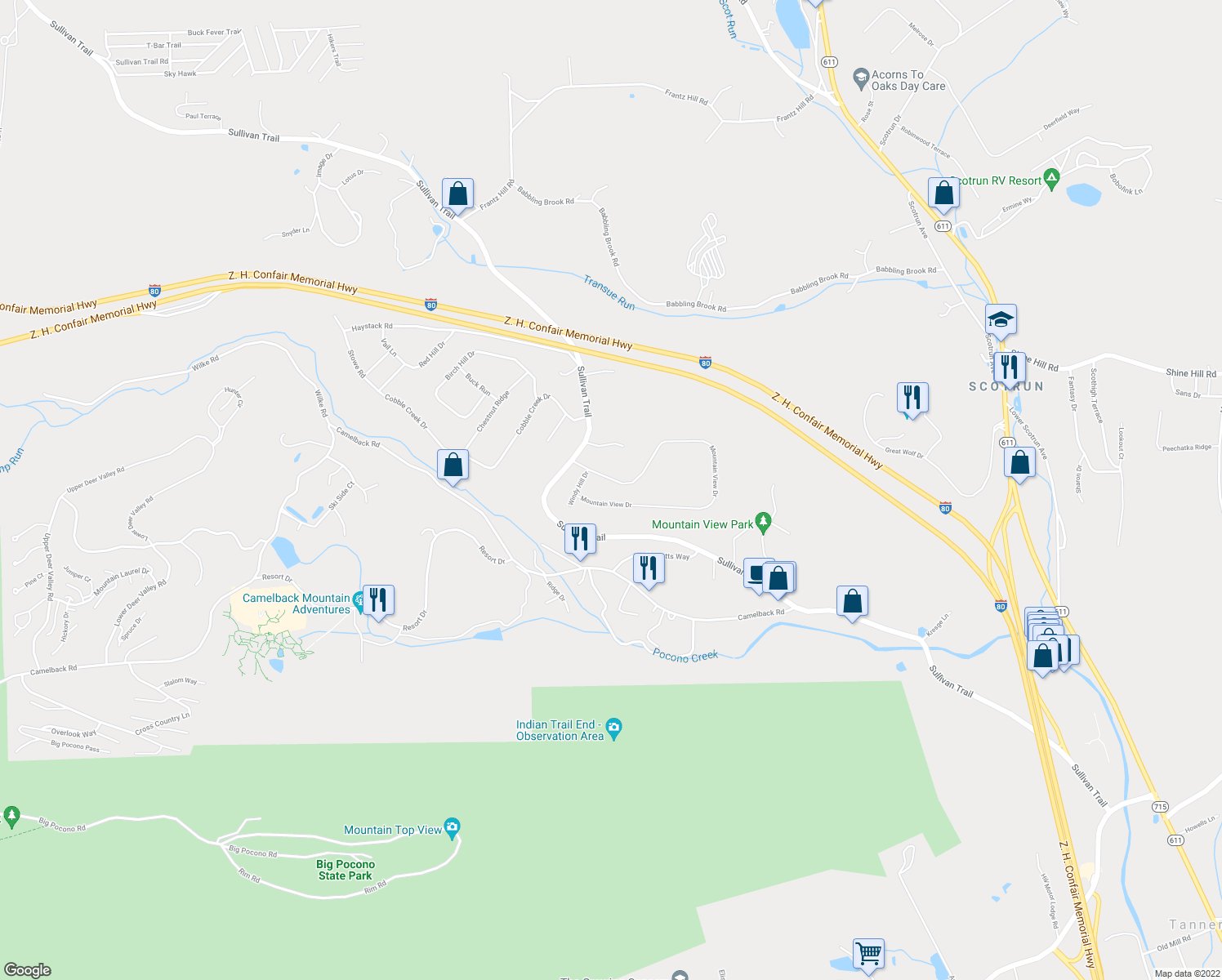 map of restaurants, bars, coffee shops, grocery stores, and more near 3226 Mountain View Drive in Tannersville