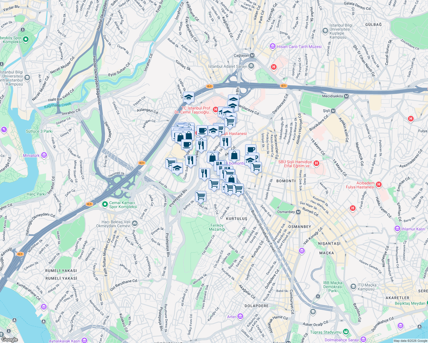 map of restaurants, bars, coffee shops, grocery stores, and more near 50-52 Akar Caddesi in Şişli