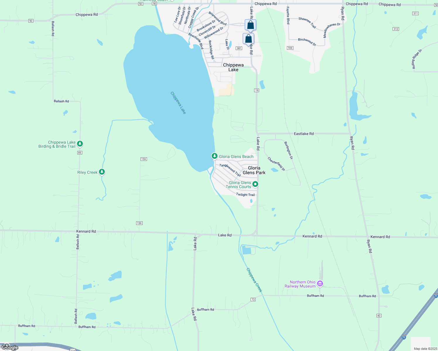 map of restaurants, bars, coffee shops, grocery stores, and more near 430 Playland Parkway in Chippewa Lake