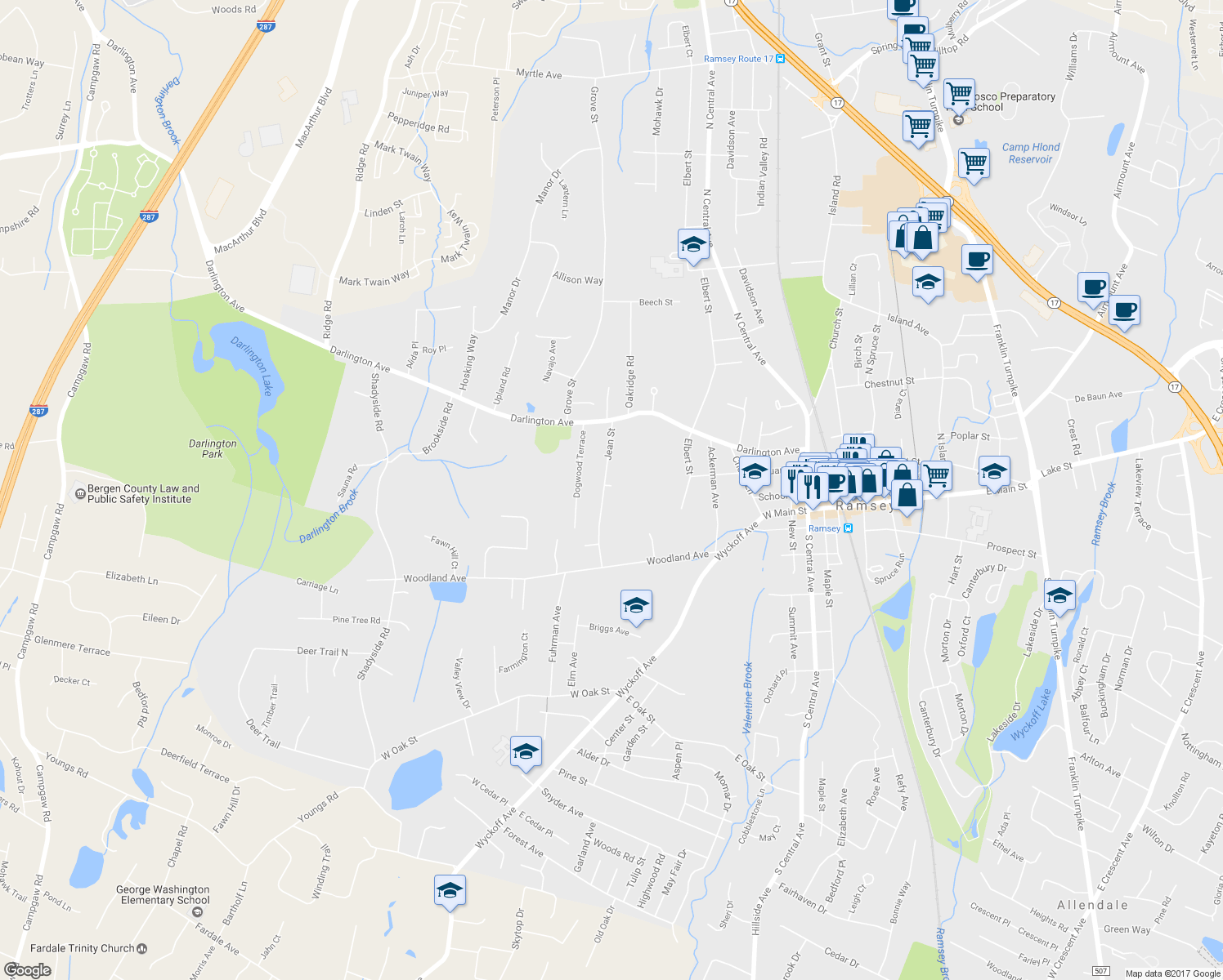 map of restaurants, bars, coffee shops, grocery stores, and more near 88 Jean Street in Ramsey