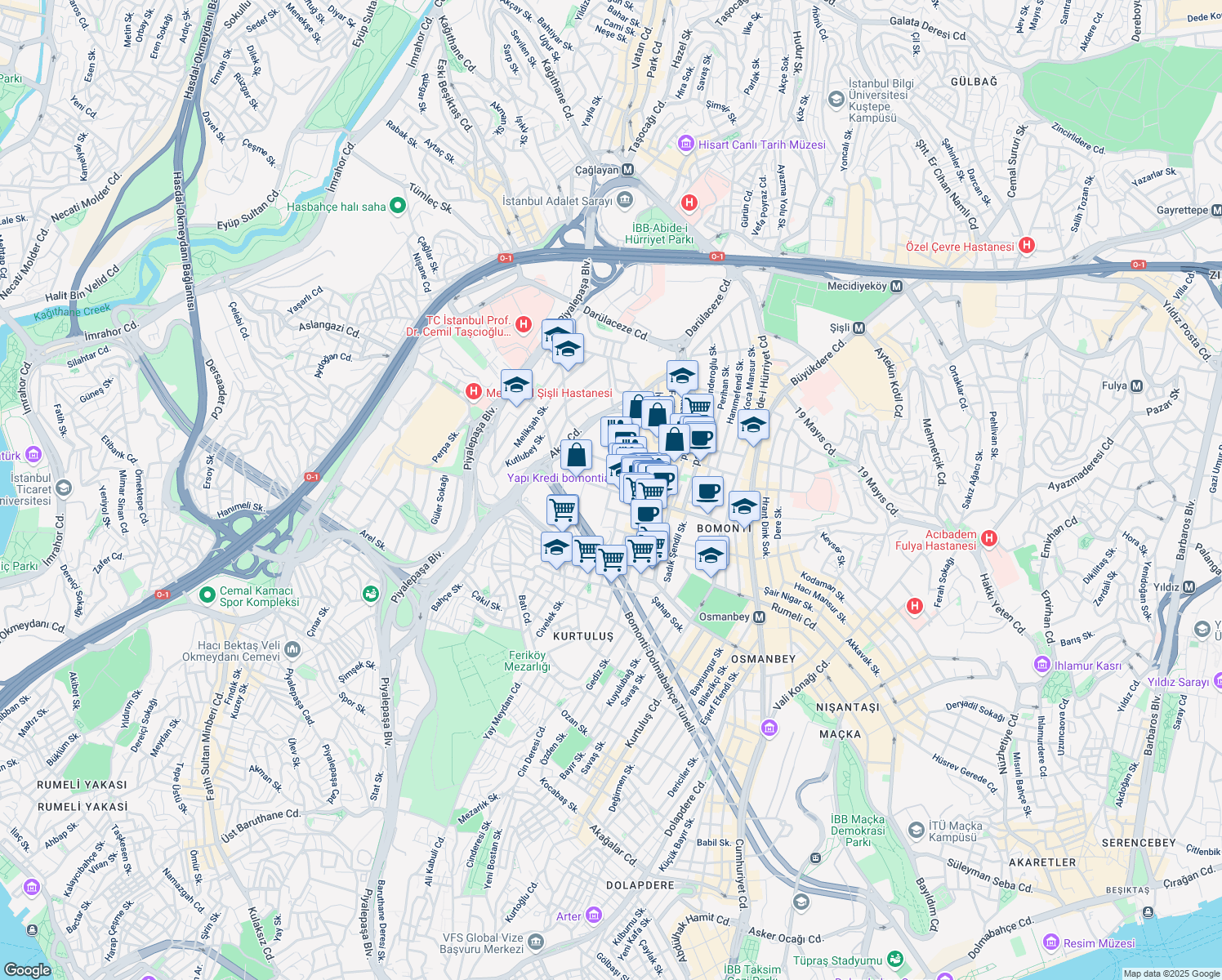 map of restaurants, bars, coffee shops, grocery stores, and more near Silahşör Caddesi in Şişli