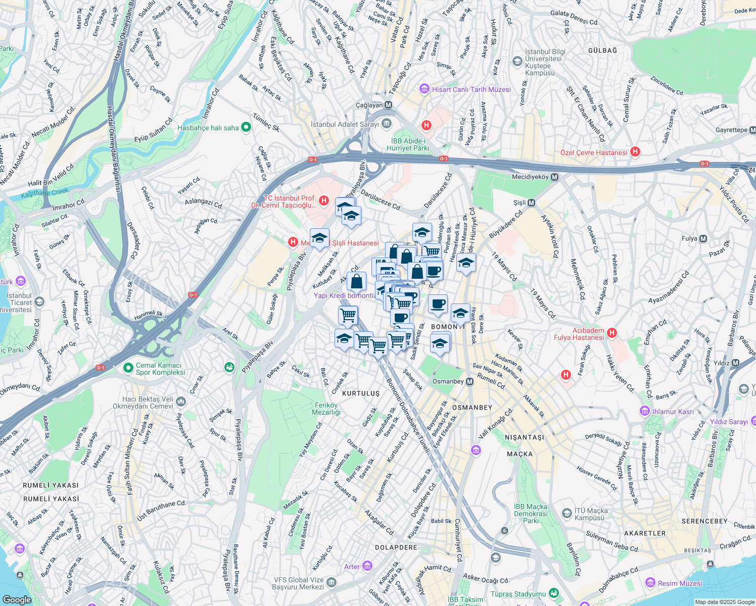 map of restaurants, bars, coffee shops, grocery stores, and more near 71 Silahşör Caddesi in Şişli