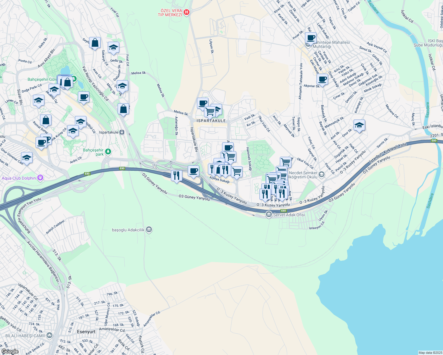 map of restaurants, bars, coffee shops, grocery stores, and more near 4 Açelya Sokağı in Avcılar