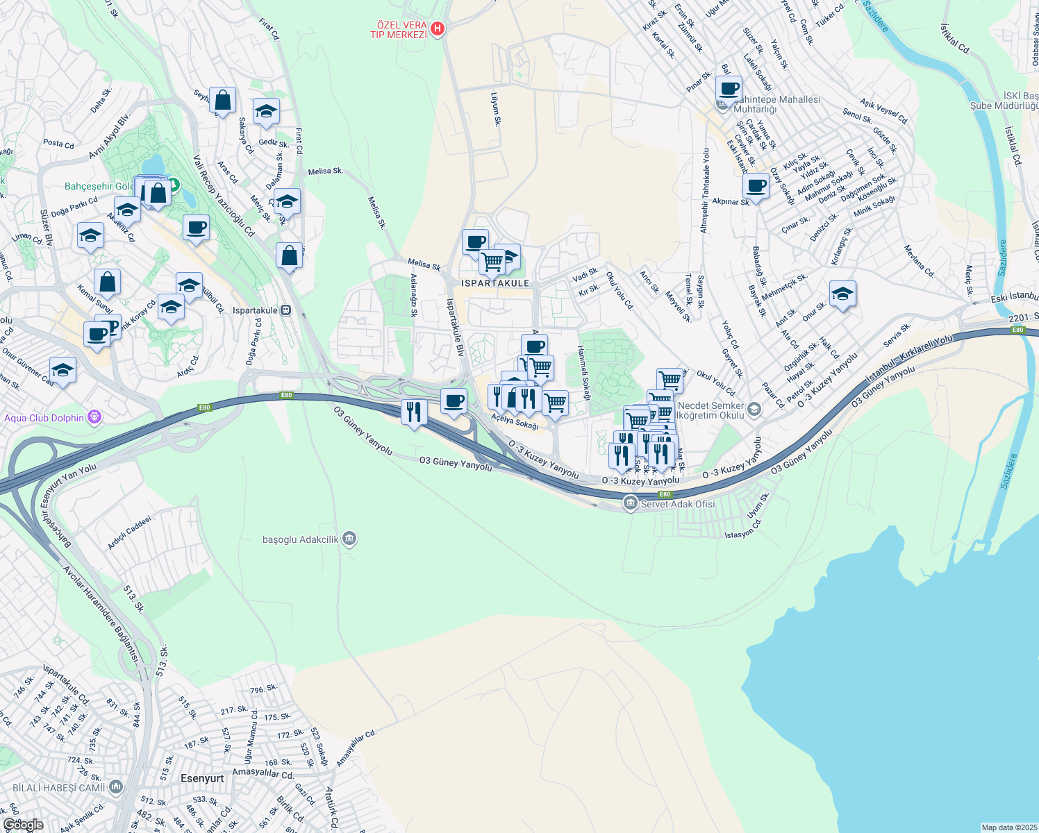 map of restaurants, bars, coffee shops, grocery stores, and more near 4 Açelya Sokağı in Avcılar
