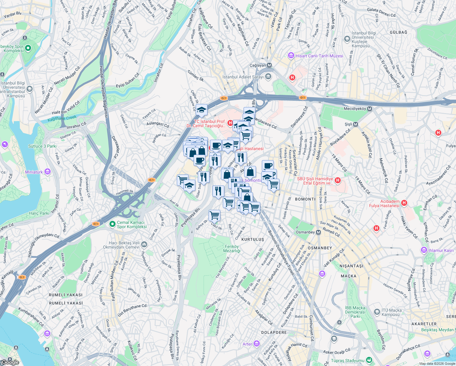 map of restaurants, bars, coffee shops, grocery stores, and more near in Istanbul