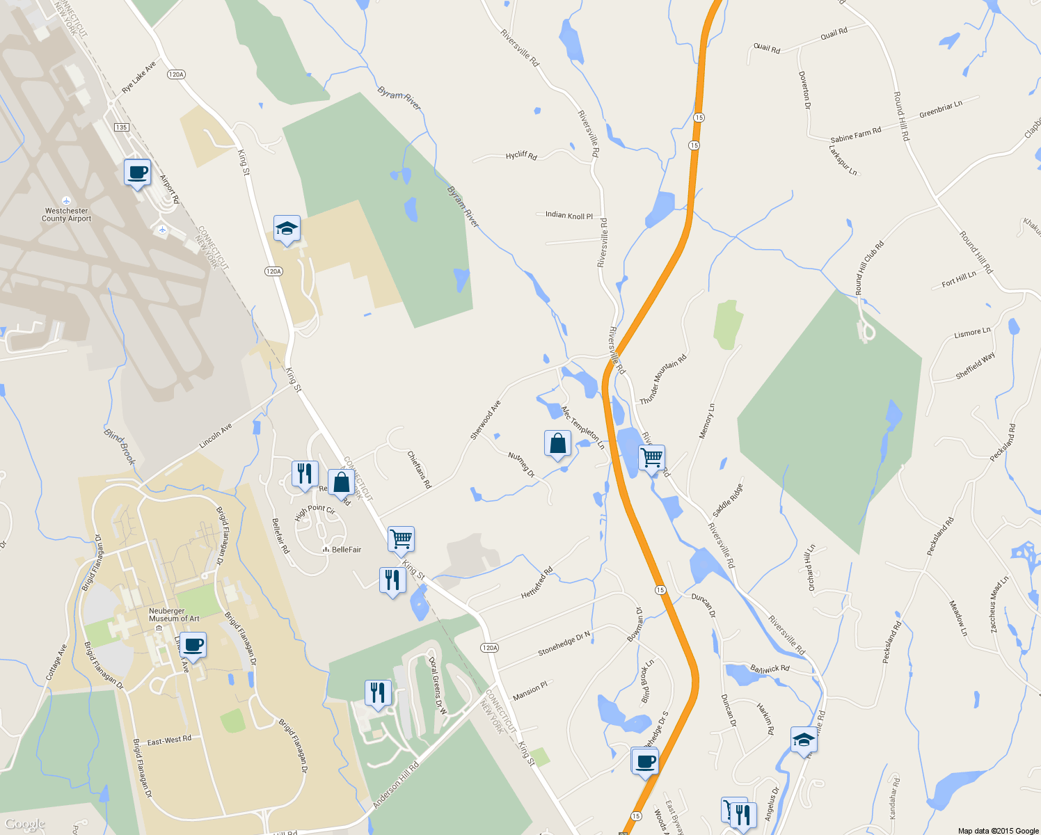map of restaurants, bars, coffee shops, grocery stores, and more near 34 Sherwood Avenue in Greenwich