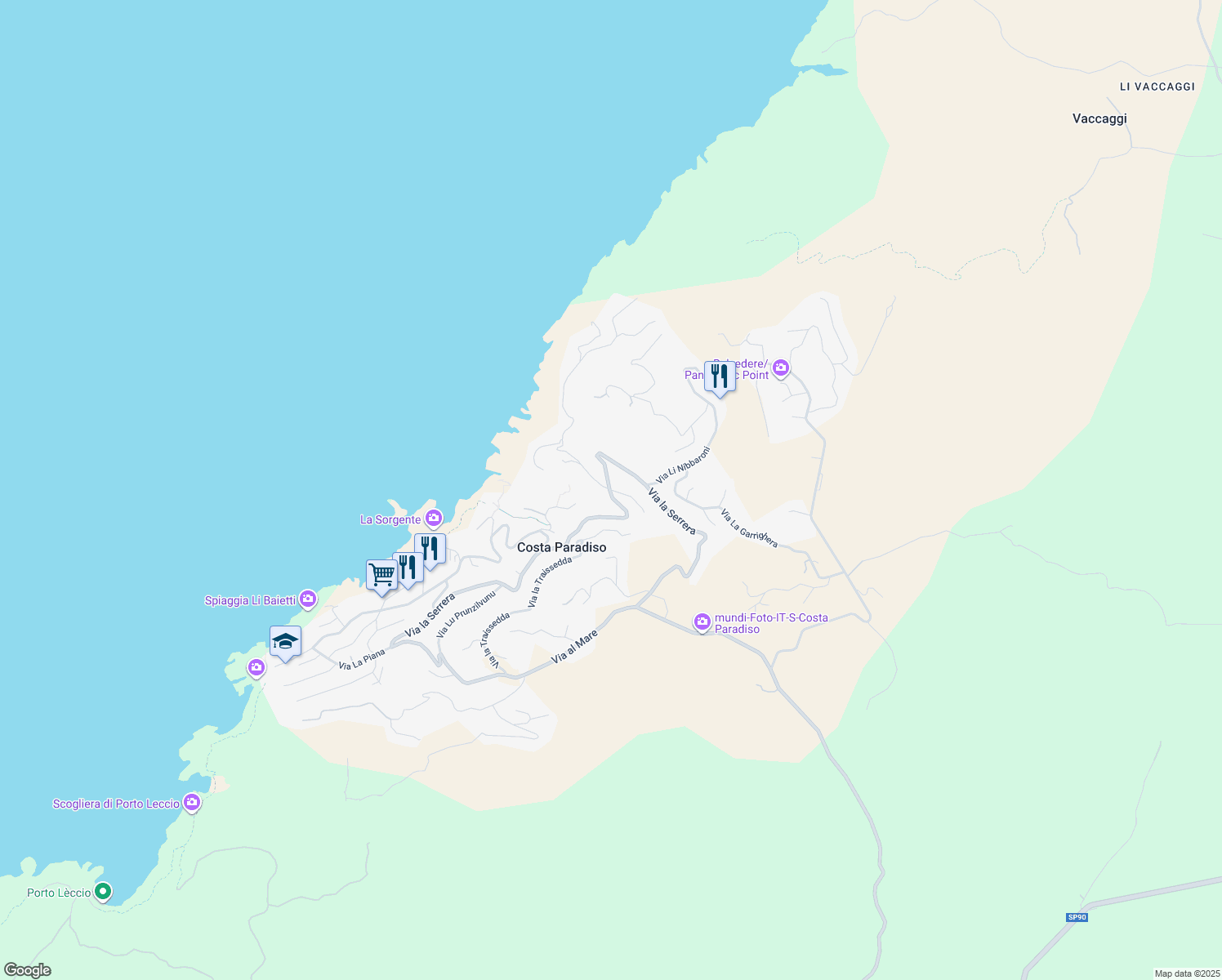 map of restaurants, bars, coffee shops, grocery stores, and more near 65-75 Via la Serrera in Costa Paradiso