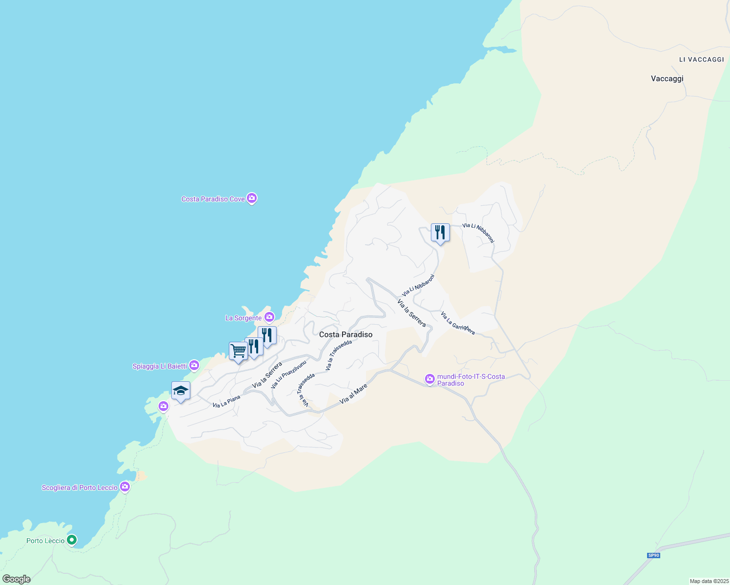 map of restaurants, bars, coffee shops, grocery stores, and more near 9 Via Lu Ciuoni in Costa Paradiso