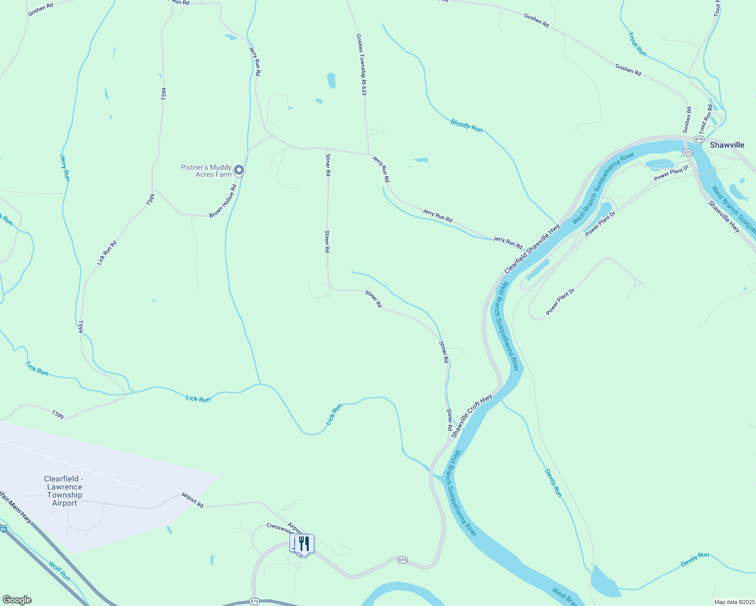 map of restaurants, bars, coffee shops, grocery stores, and more near Stiner Road in Clearfield County