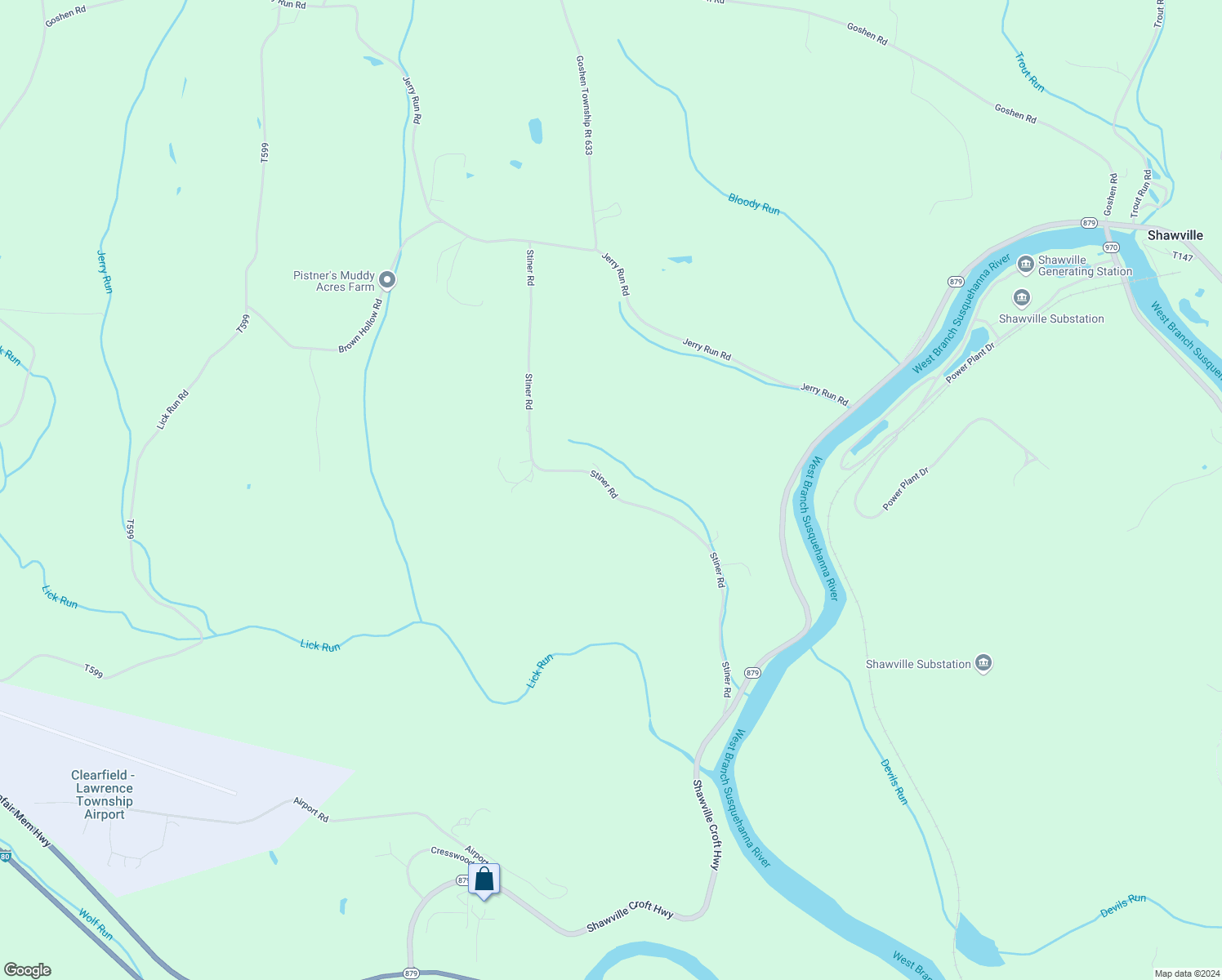 map of restaurants, bars, coffee shops, grocery stores, and more near Stiner Road in Clearfield County