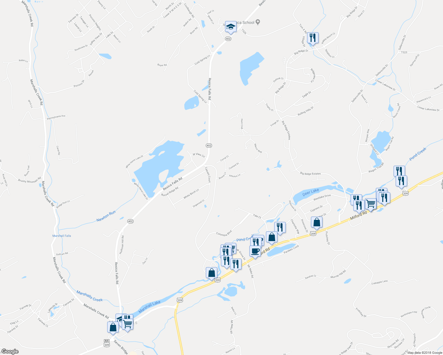 map of restaurants, bars, coffee shops, grocery stores, and more near 73 White Birch Lane in East Stroudsburg