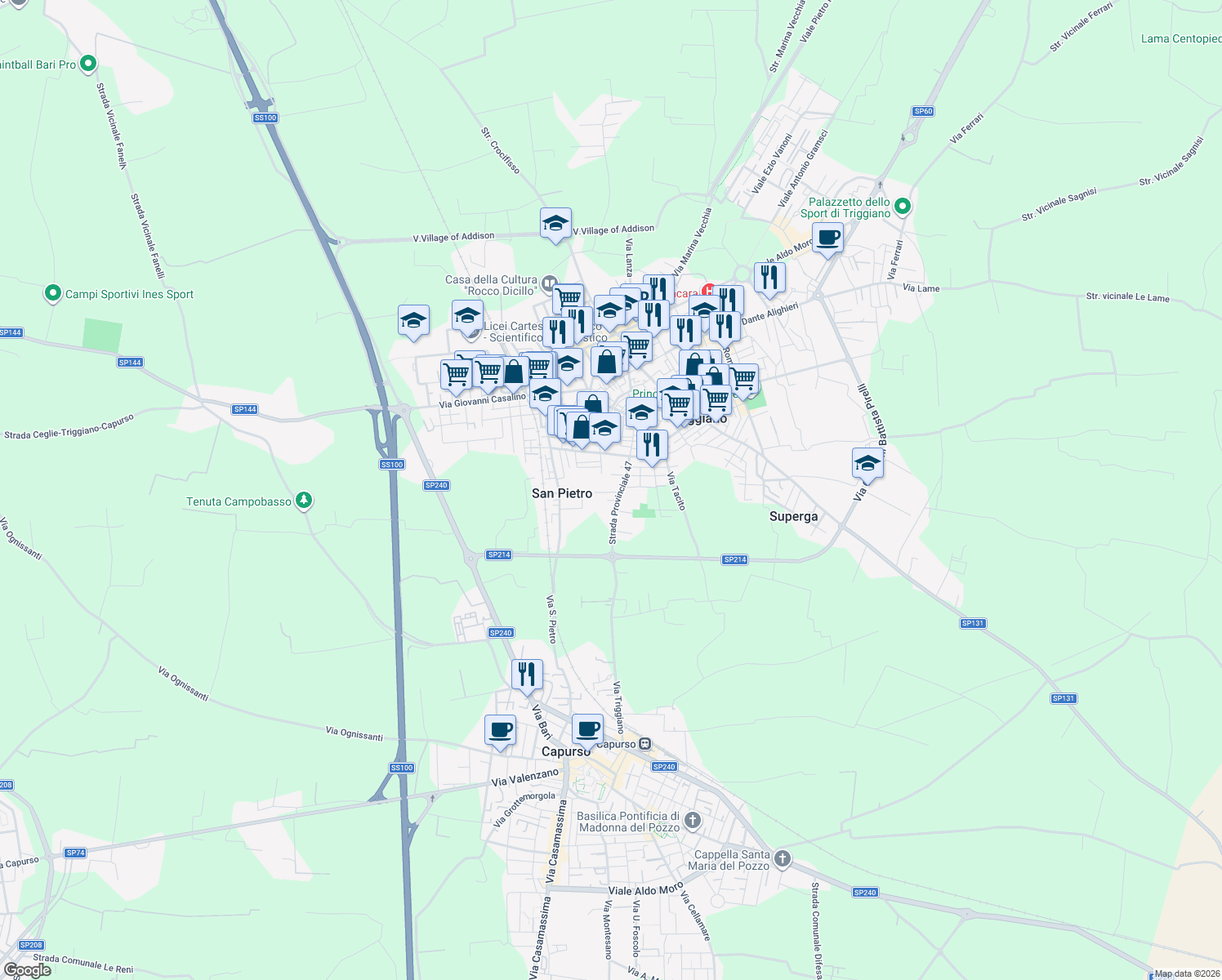 map of restaurants, bars, coffee shops, grocery stores, and more near 4 Via Marco Minghetti in Triggiano
